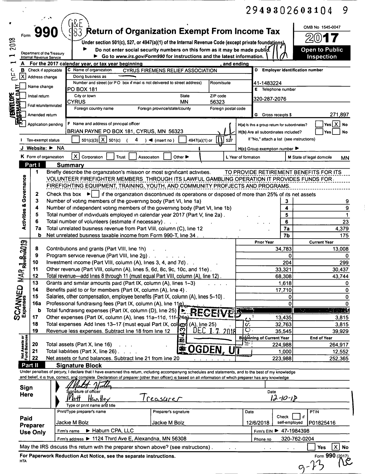 Image of first page of 2017 Form 990O for Cyrus Firemens Relief Association