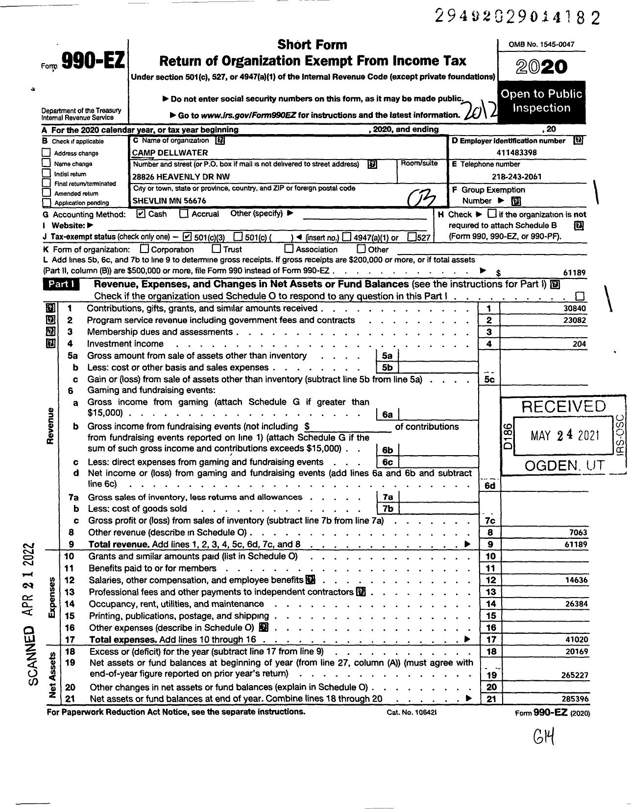 Image of first page of 2020 Form 990EZ for Camp Dellwater