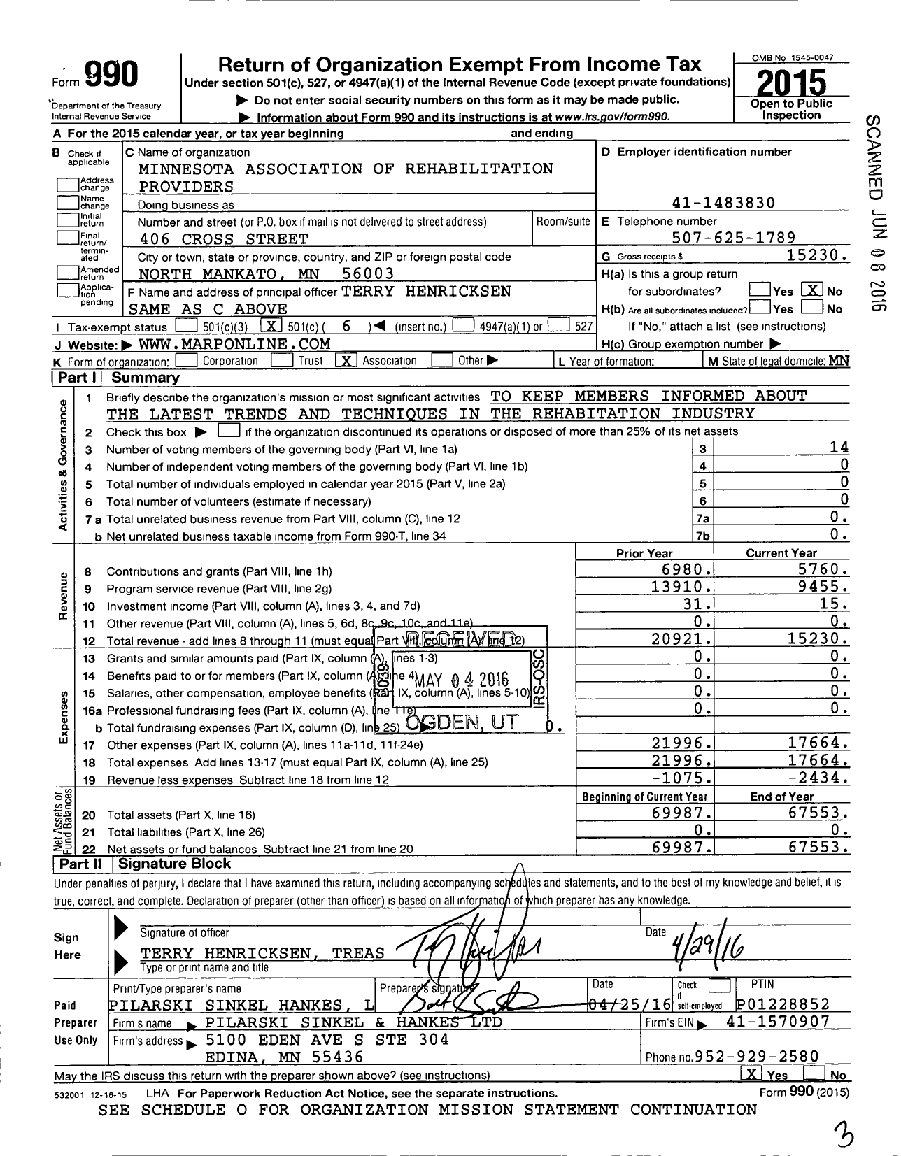 Image of first page of 2015 Form 990O for Minnesota Association of Rehabilitation Providers