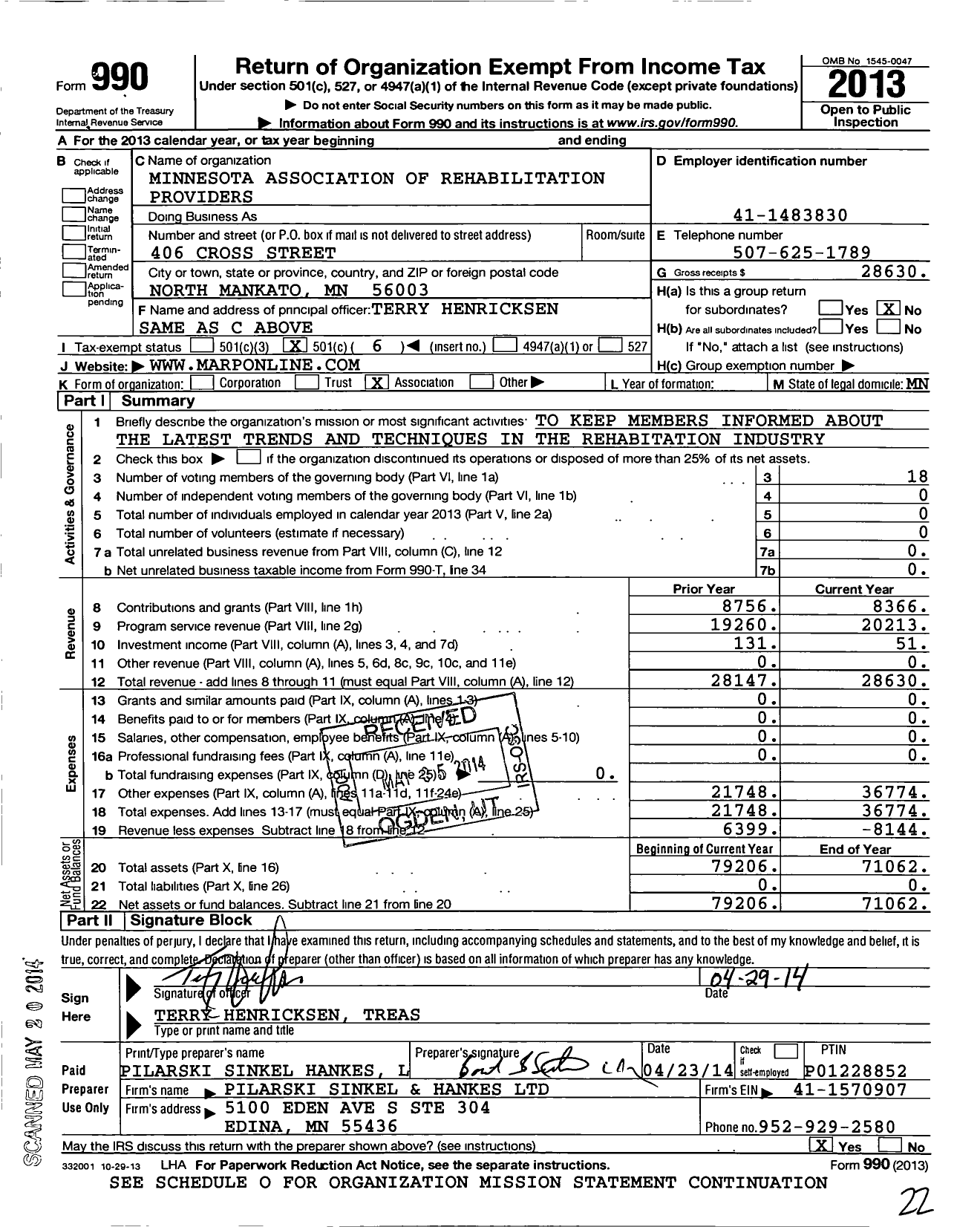 Image of first page of 2013 Form 990O for Minnesota Association of Rehabilitation Providers