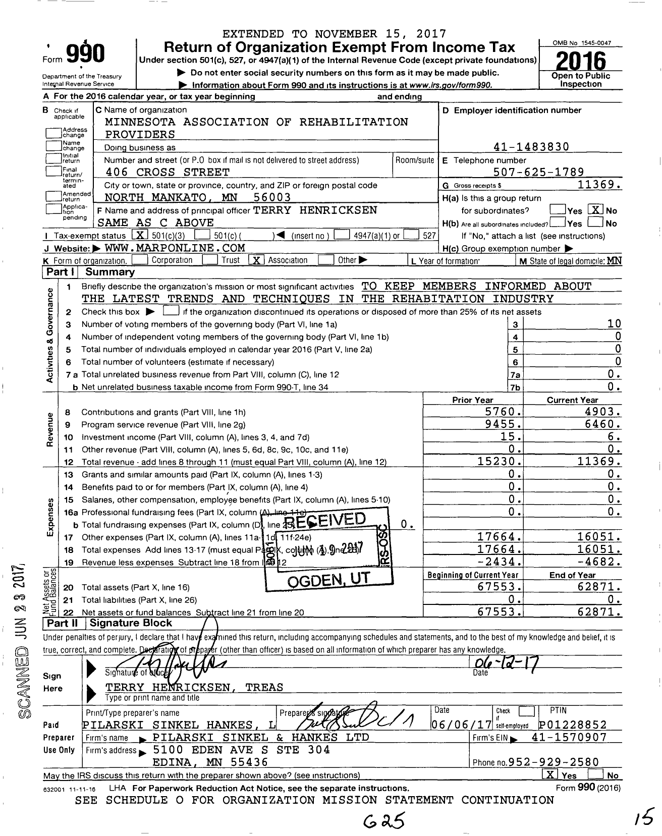 Image of first page of 2016 Form 990 for Minnesota Association of Rehabilitation Providers