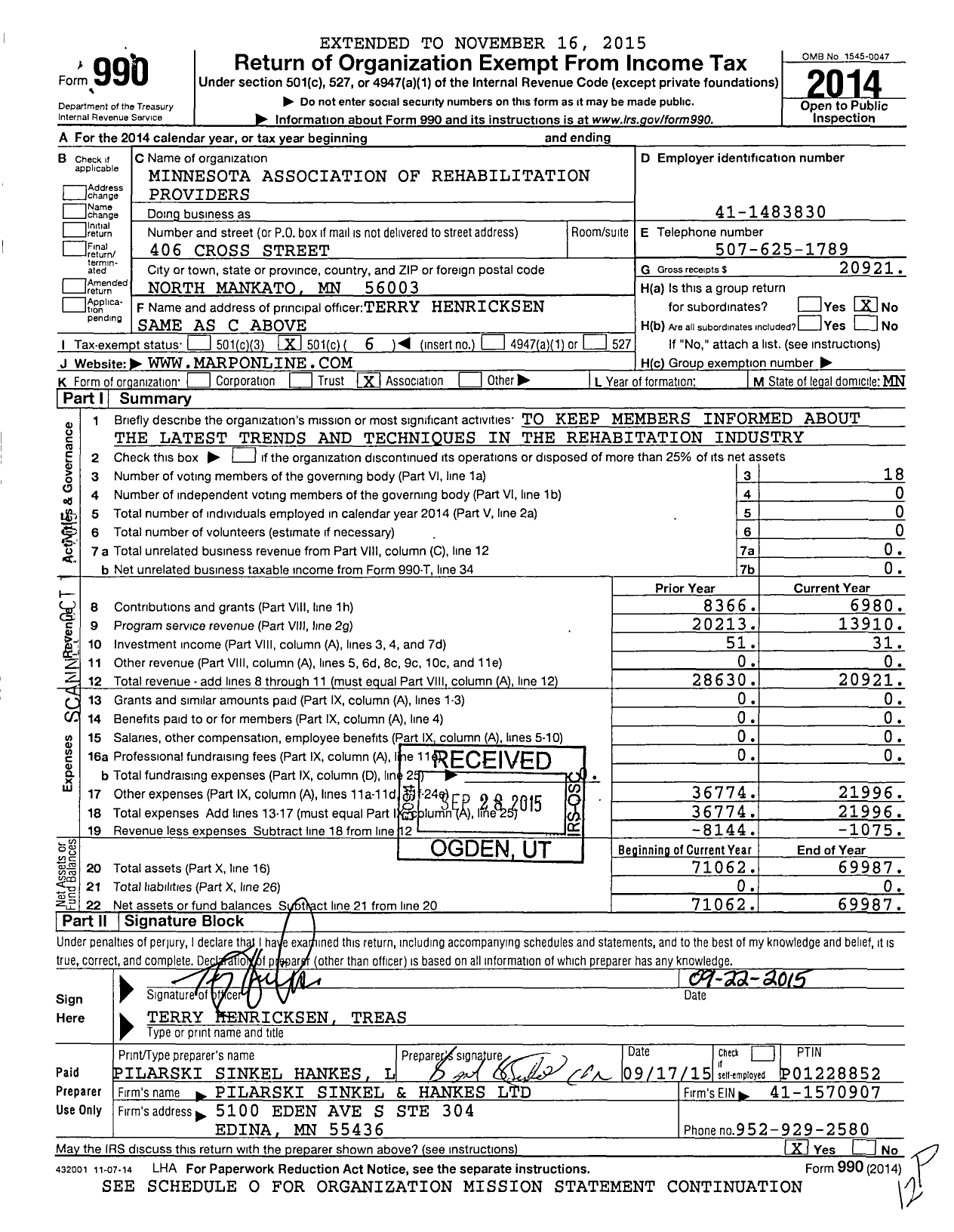 Image of first page of 2014 Form 990O for Minnesota Association of Rehabilitation Providers