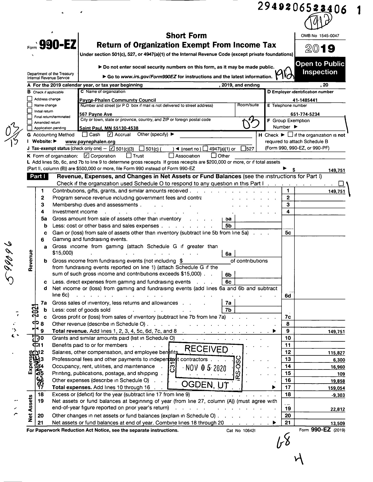 Image of first page of 2019 Form 990EZ for Payne-Phalen Community Council