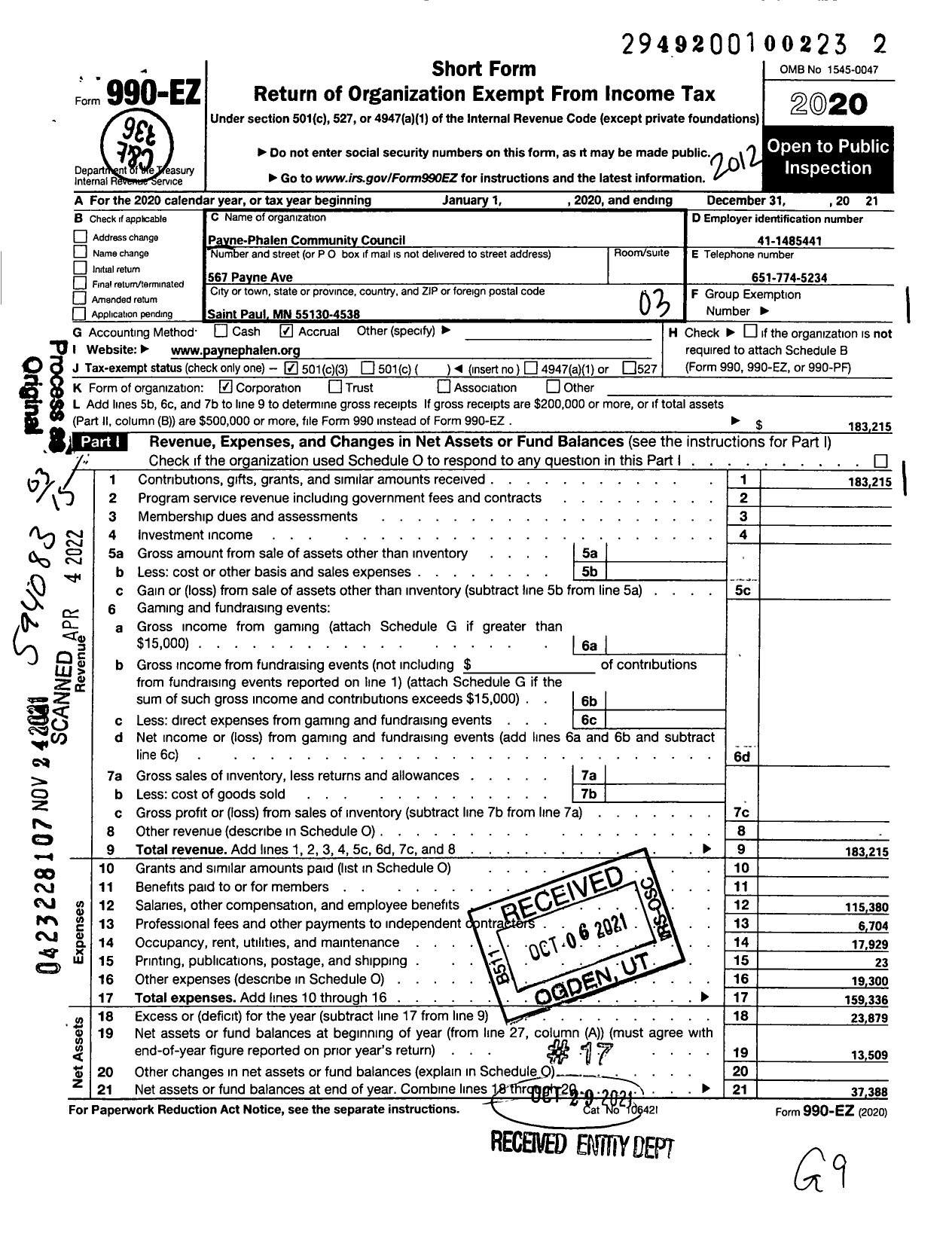 Image of first page of 2020 Form 990EZ for Payne-Phalen Community Council