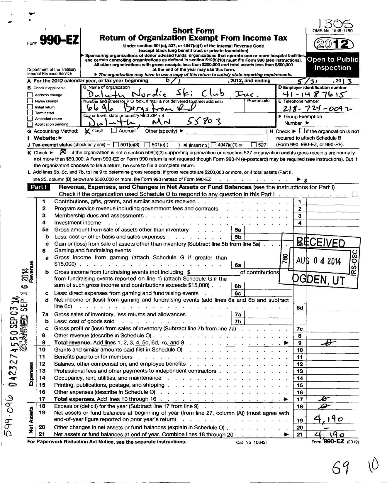 Image of first page of 2012 Form 990EO for Duluth Nordic Ski Club