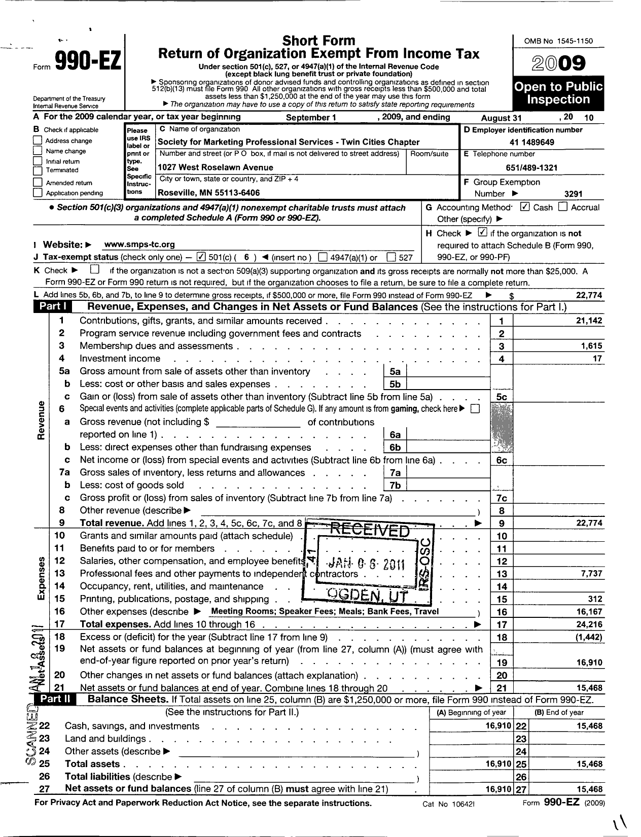 Image of first page of 2009 Form 990EO for Society for Marketing Professional Services / Twin Cities Chapter of SMPS