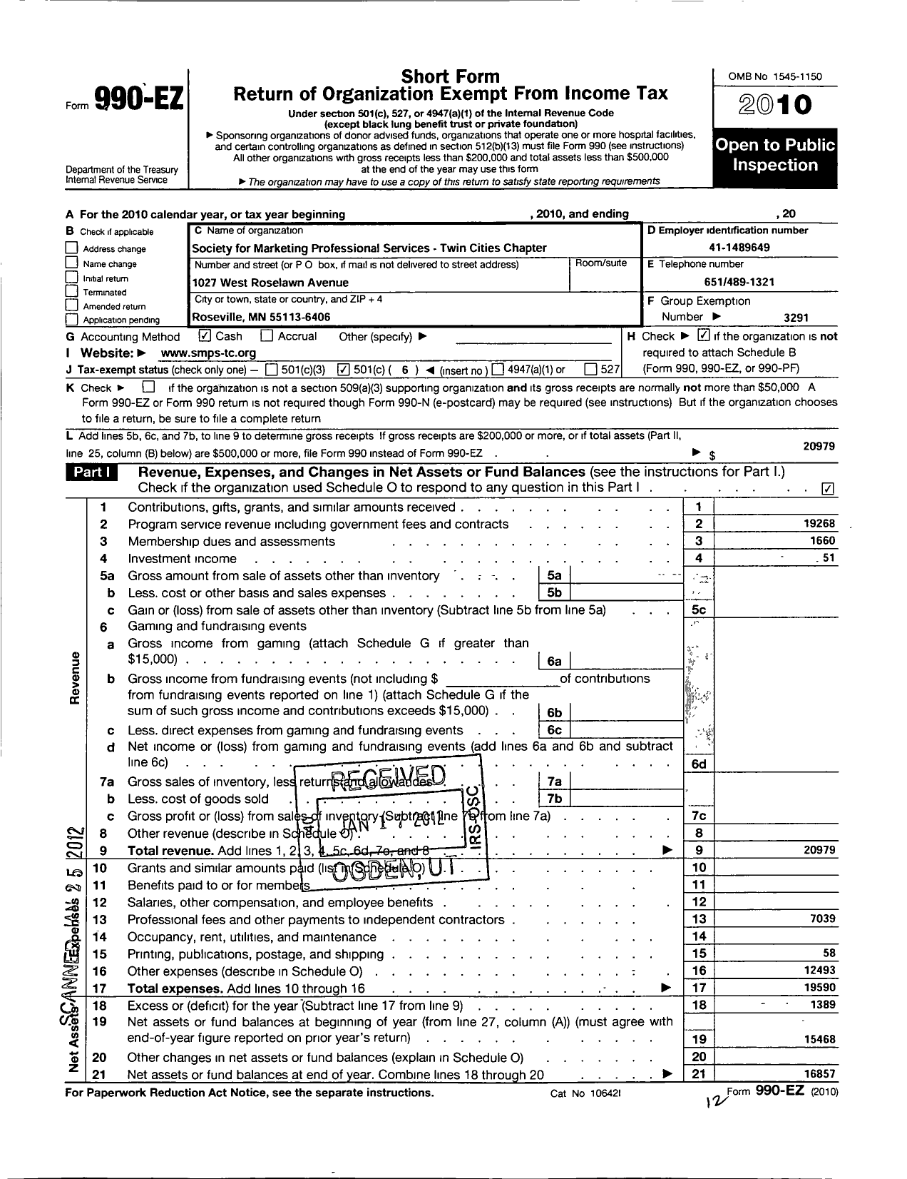 Image of first page of 2010 Form 990EO for Society for Marketing Professional Services / Twin Cities Chapter of SMPS