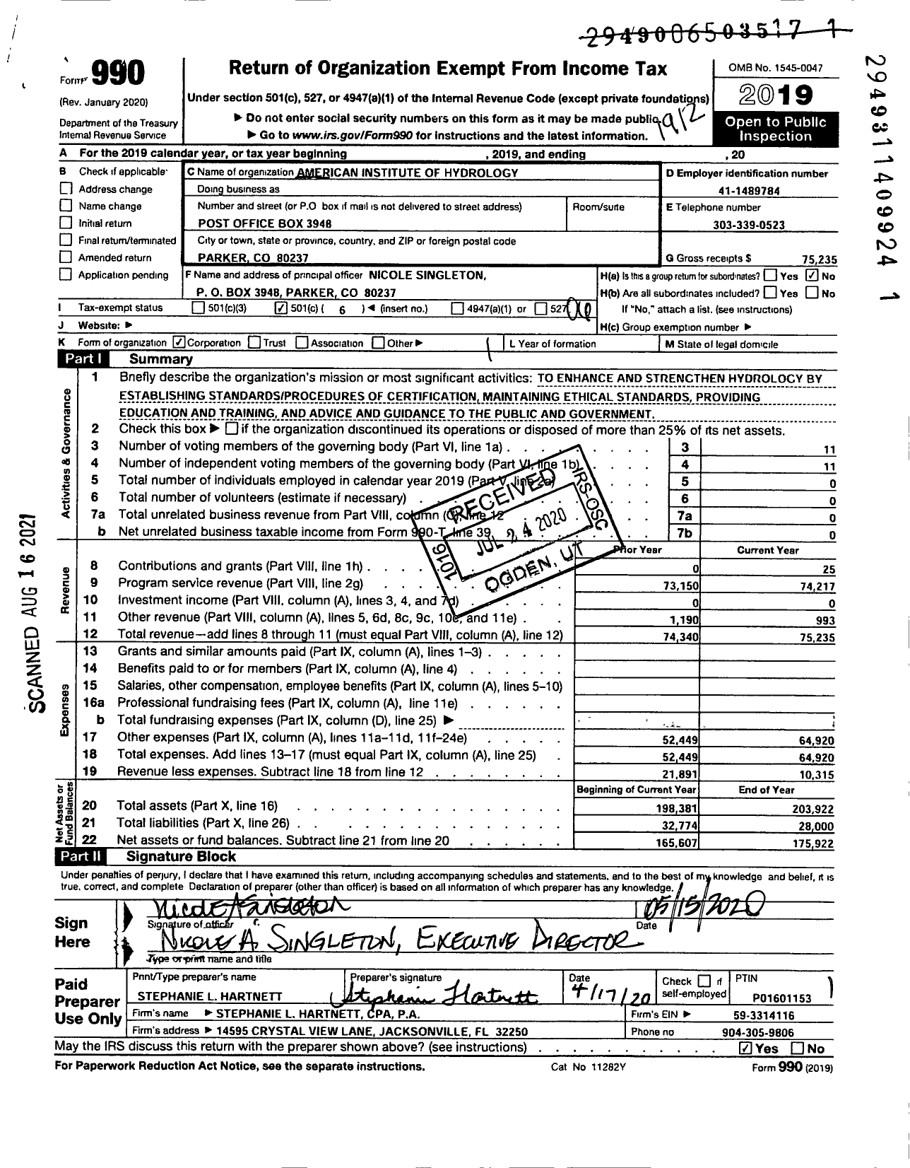 Image of first page of 2019 Form 990O for American Institute of Hydrology