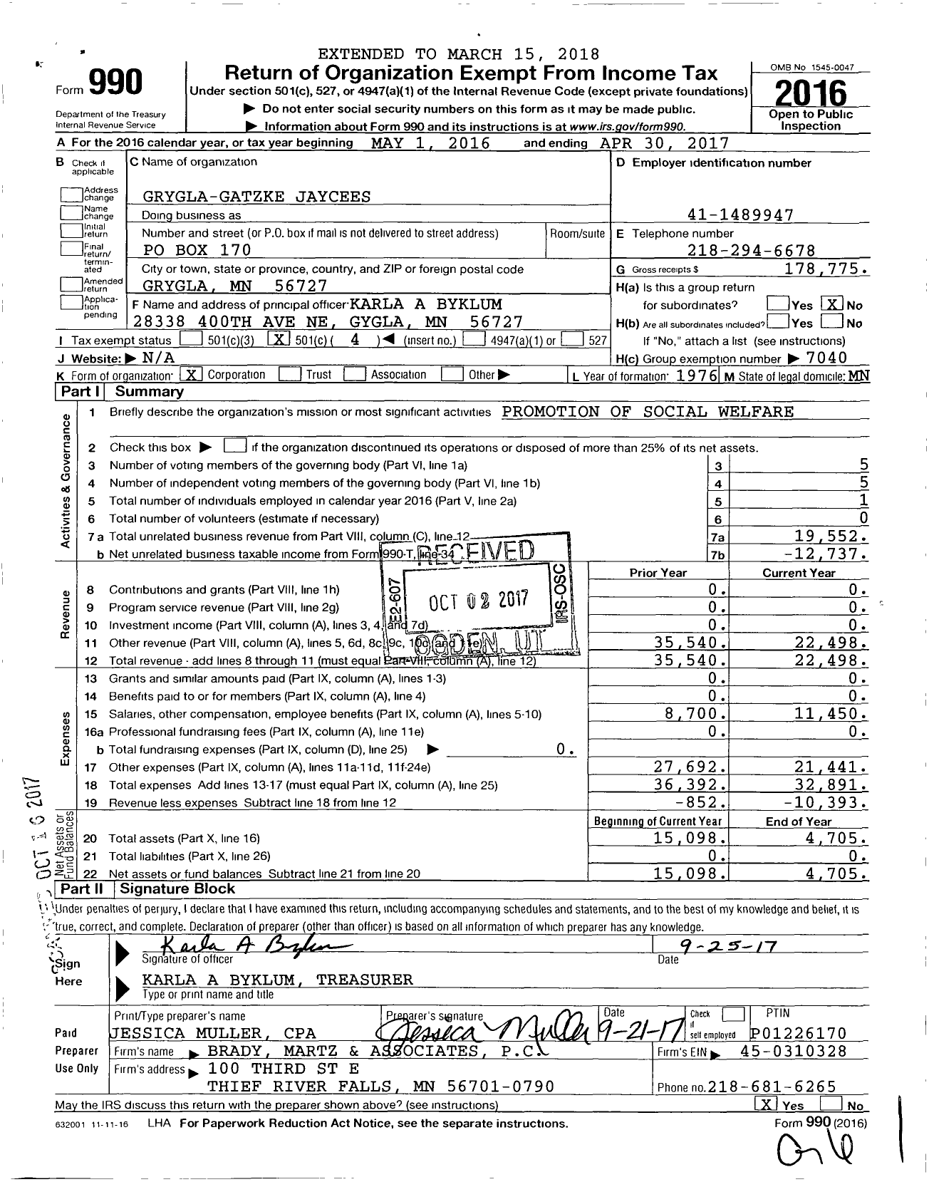 Image of first page of 2016 Form 990O for Grygla-Gatzke Jaycees