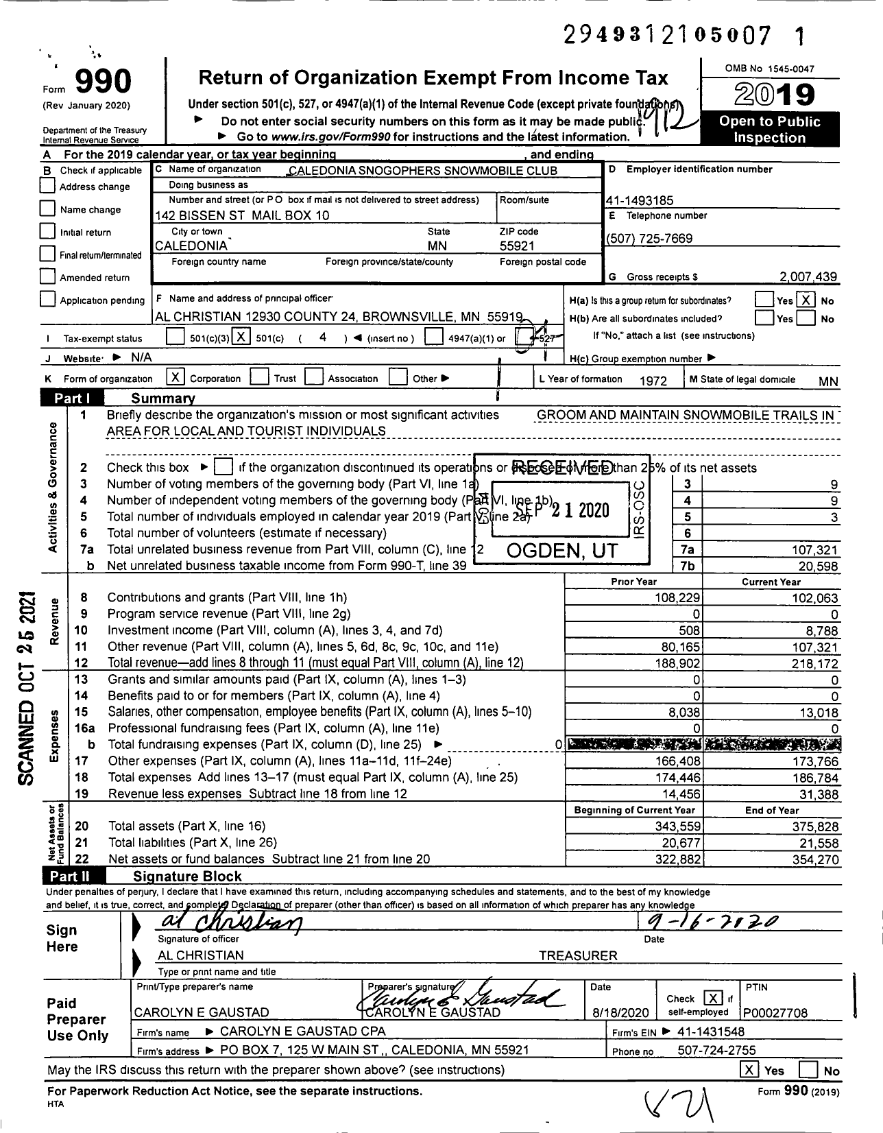 Image of first page of 2019 Form 990O for Caledonia Snogophers Snowmobile Club