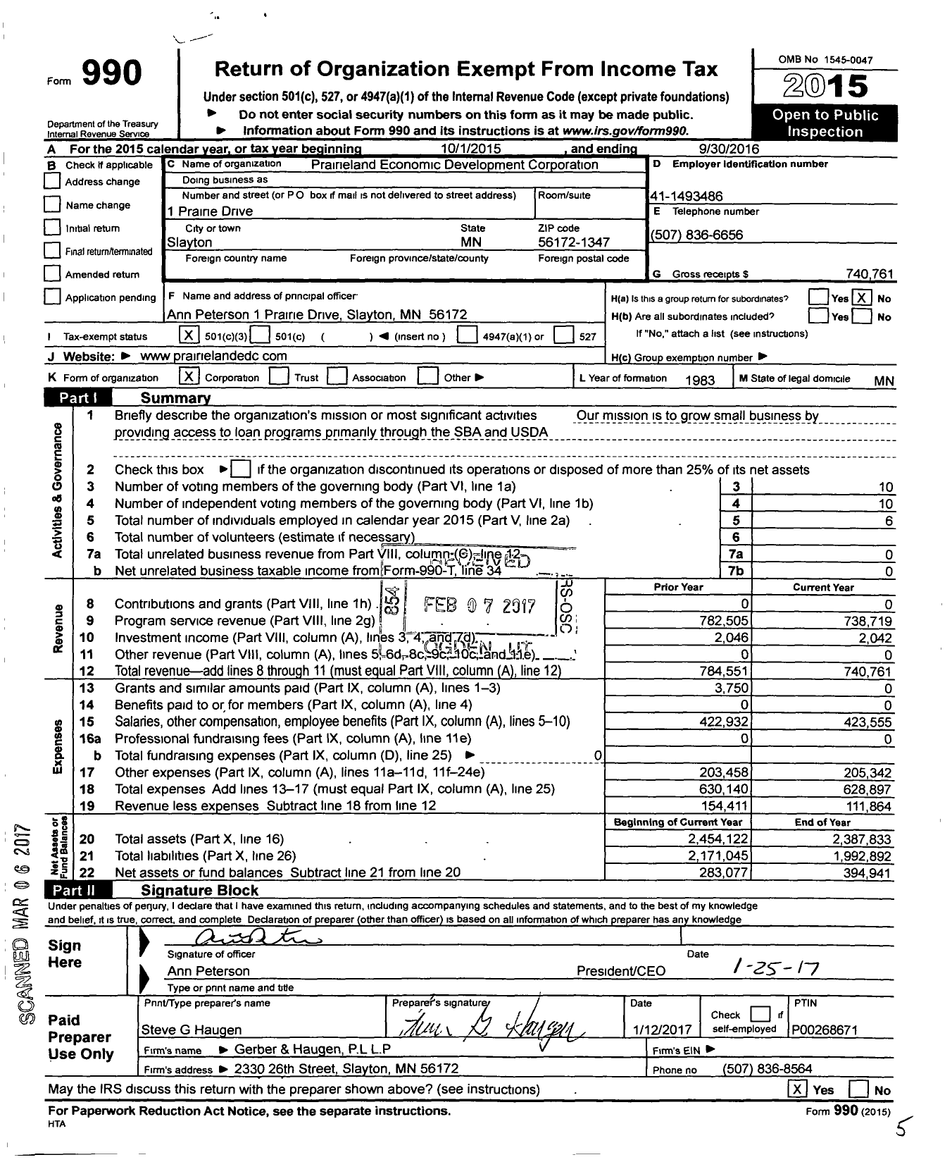 Image of first page of 2015 Form 990 for Prairieland Economic Development Corporation