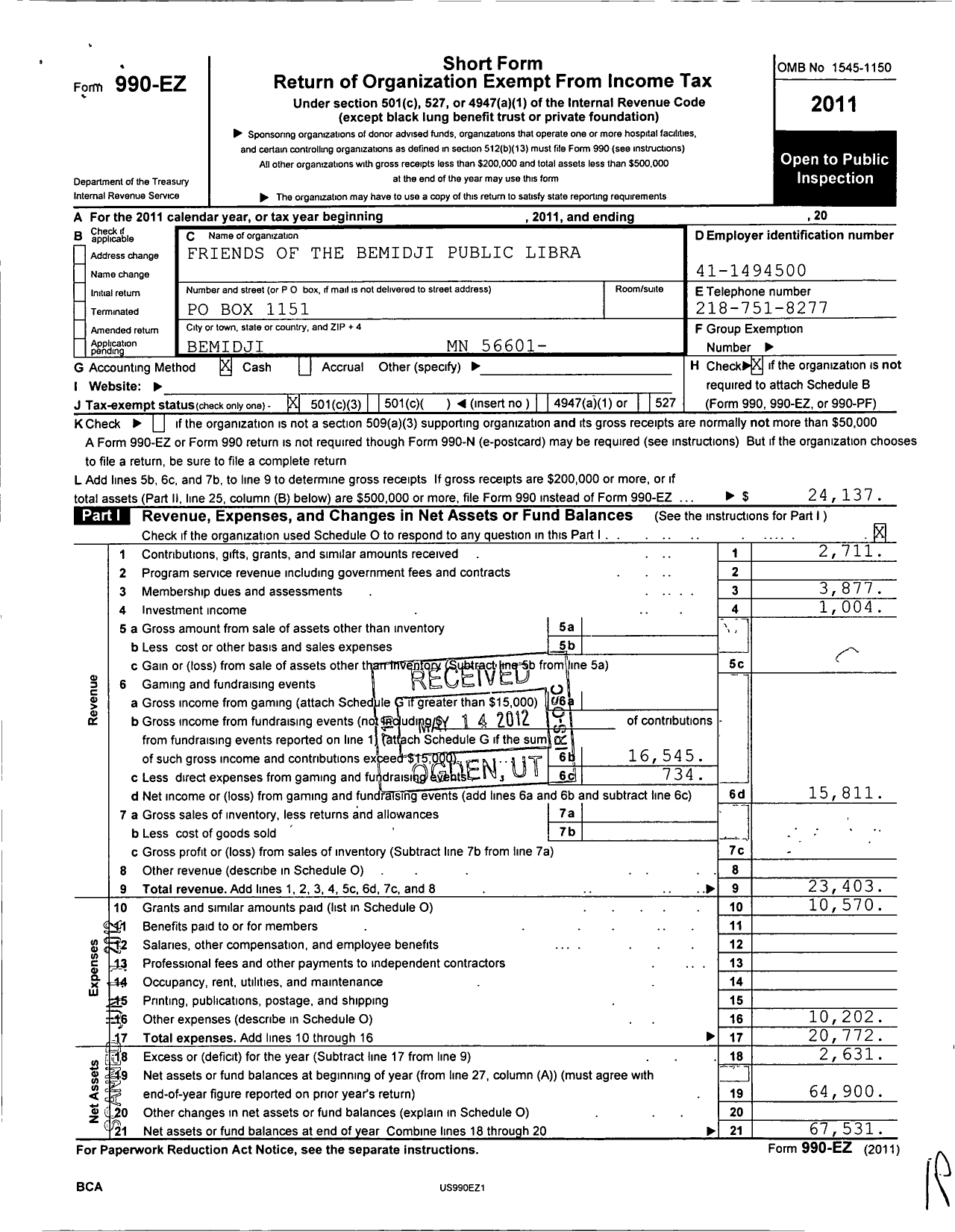 Image of first page of 2011 Form 990EZ for Friends of the Bemidji Public Library