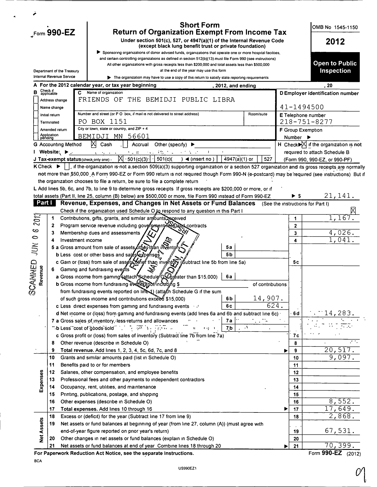 Image of first page of 2012 Form 990EZ for Friends of the Bemidji Public Library