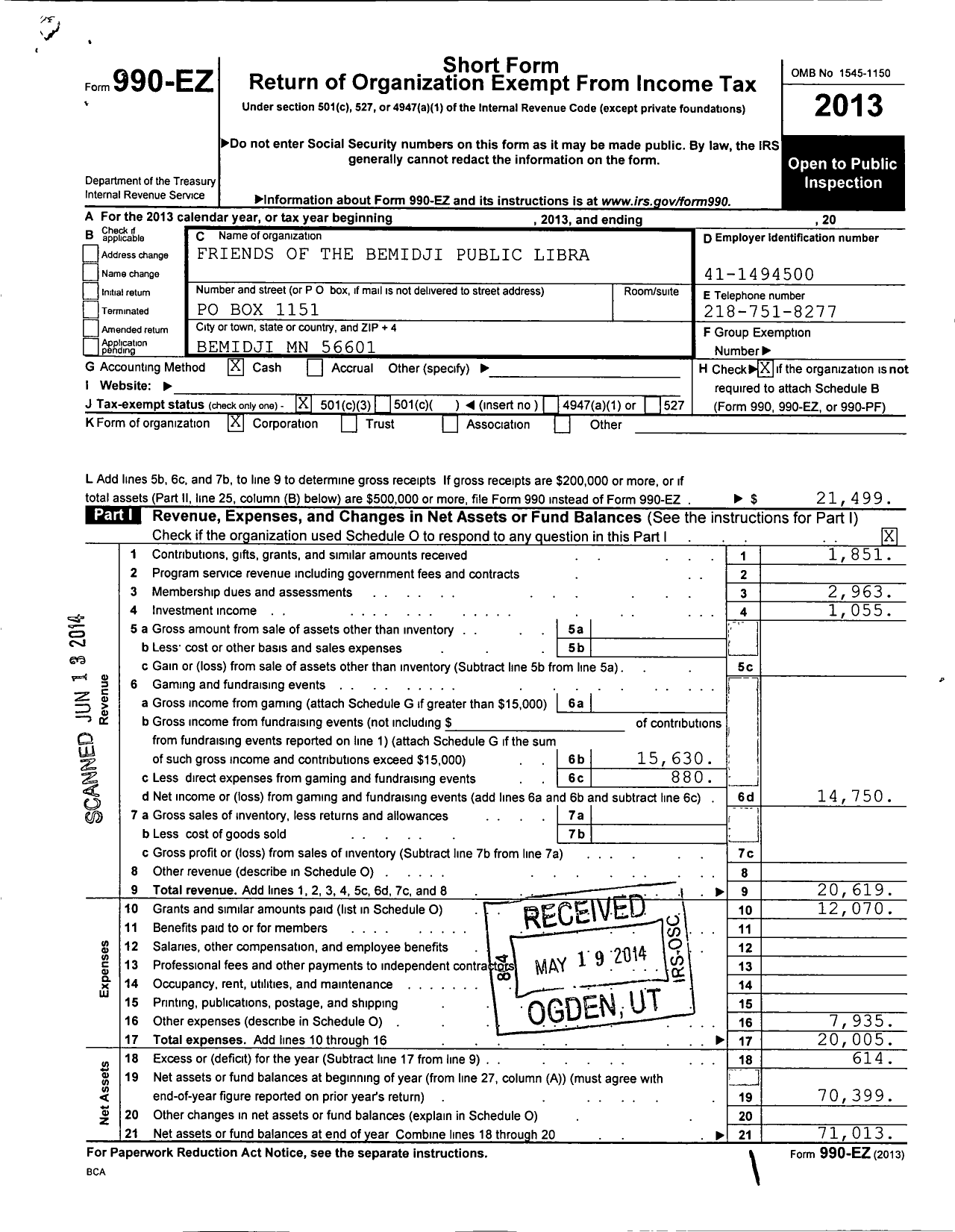 Image of first page of 2013 Form 990EZ for Friends of the Bemidji Public Library