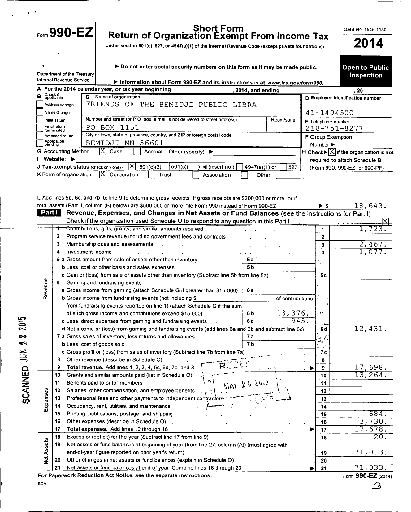 Image of first page of 2014 Form 990EZ for Friends of the Bemidji Public Library