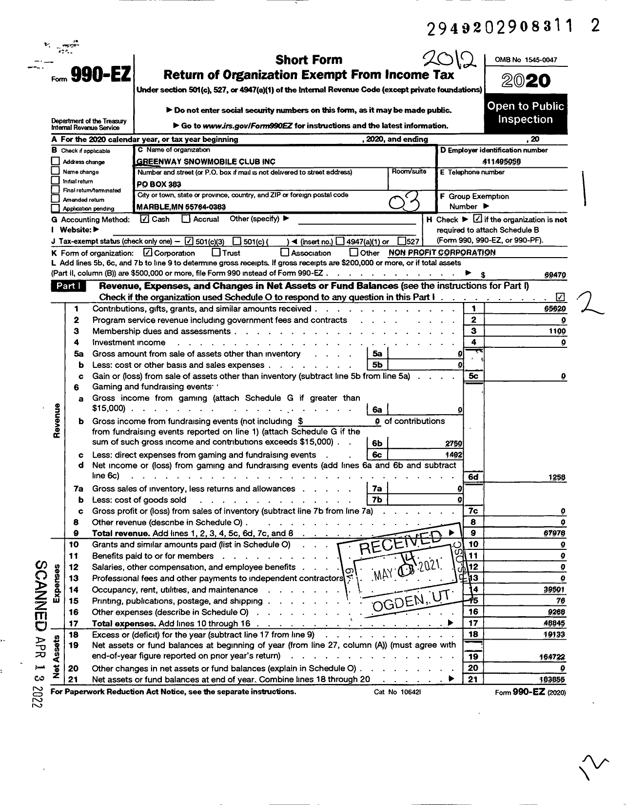 Image of first page of 2020 Form 990EZ for Greenway Snowmobile Club