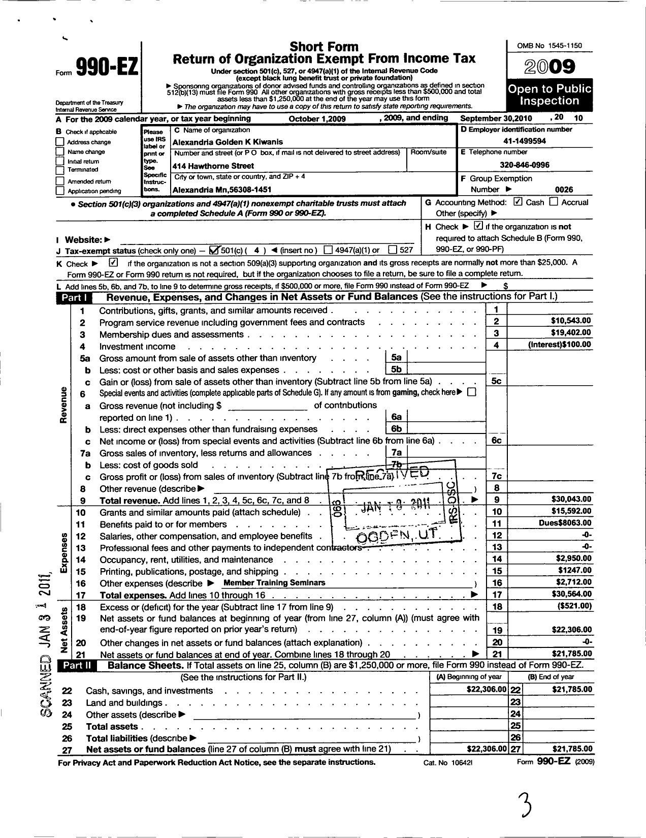 Image of first page of 2009 Form 990EO for Kiwanis International - K11252 Alexandria Golden K