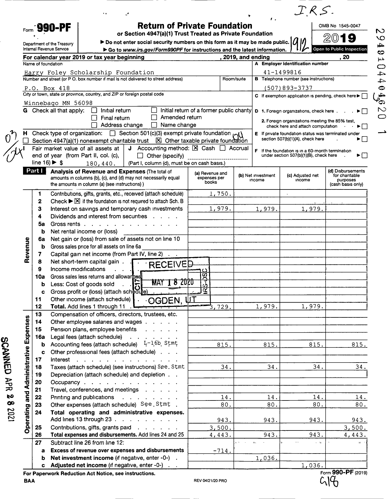 Image of first page of 2019 Form 990PF for Harry Foley Scholarship Foundation