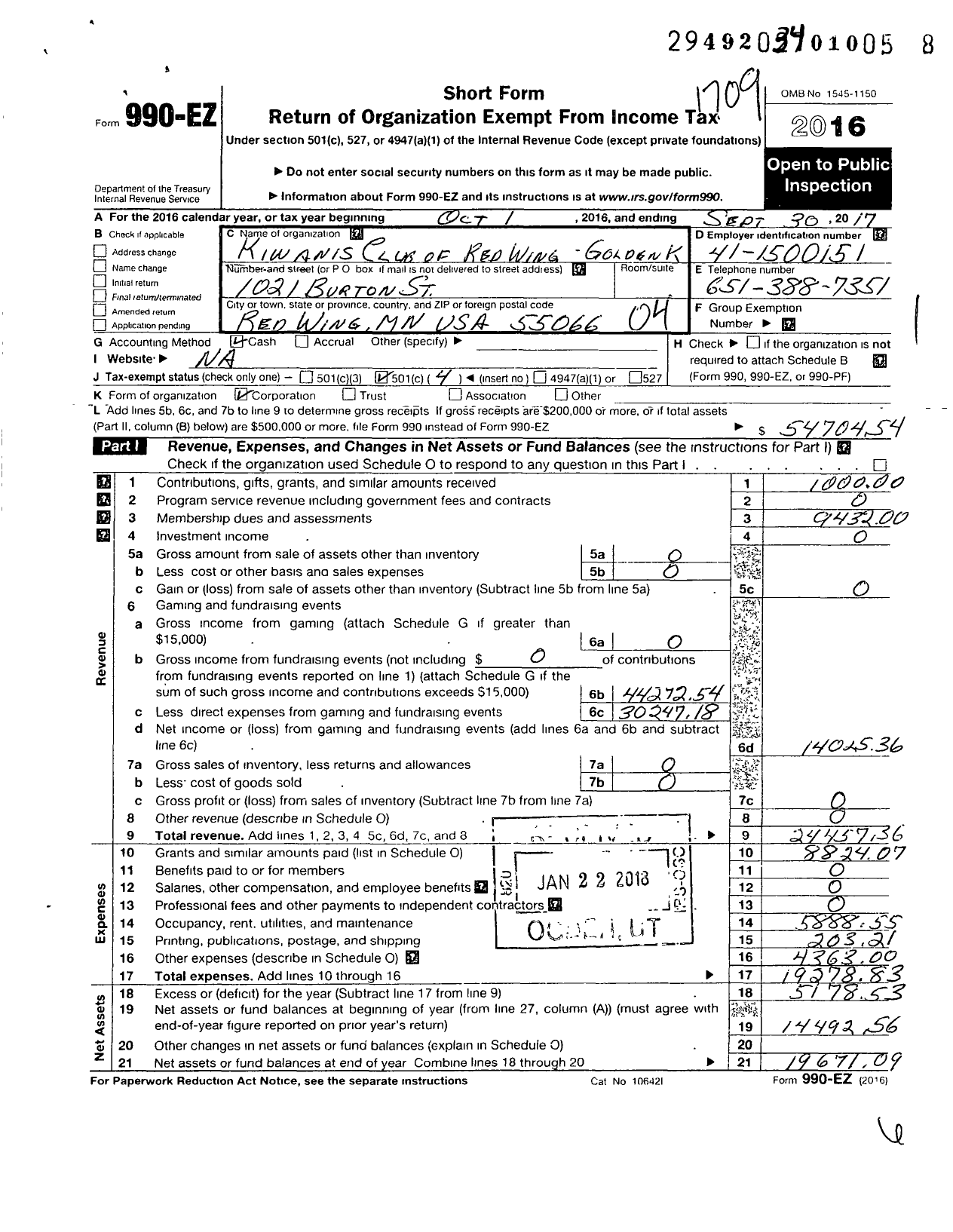 Image of first page of 2016 Form 990EO for Kiwanis International - K11320 Red Wing Golden K