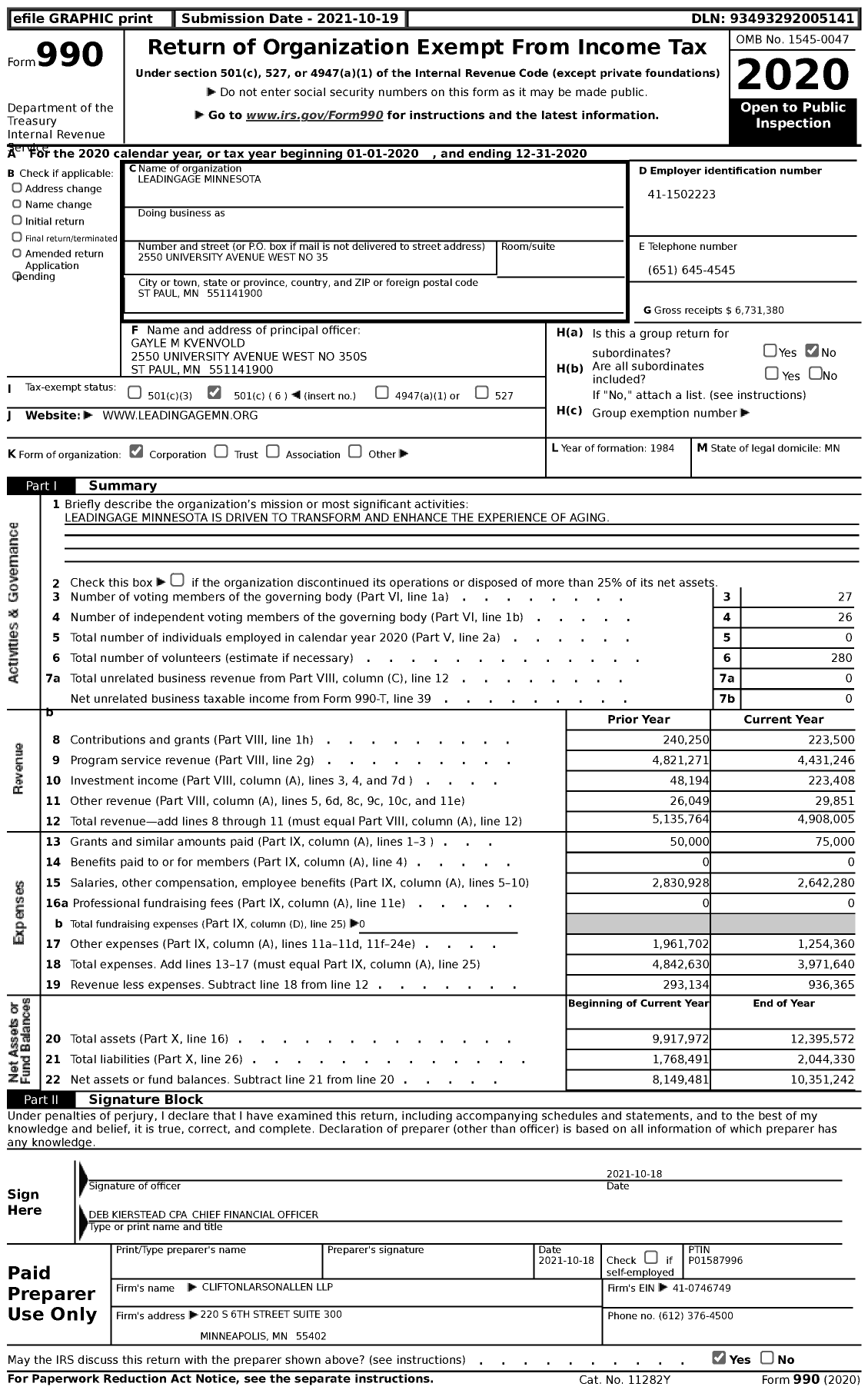 Image of first page of 2020 Form 990 for Leadingage Minnesota