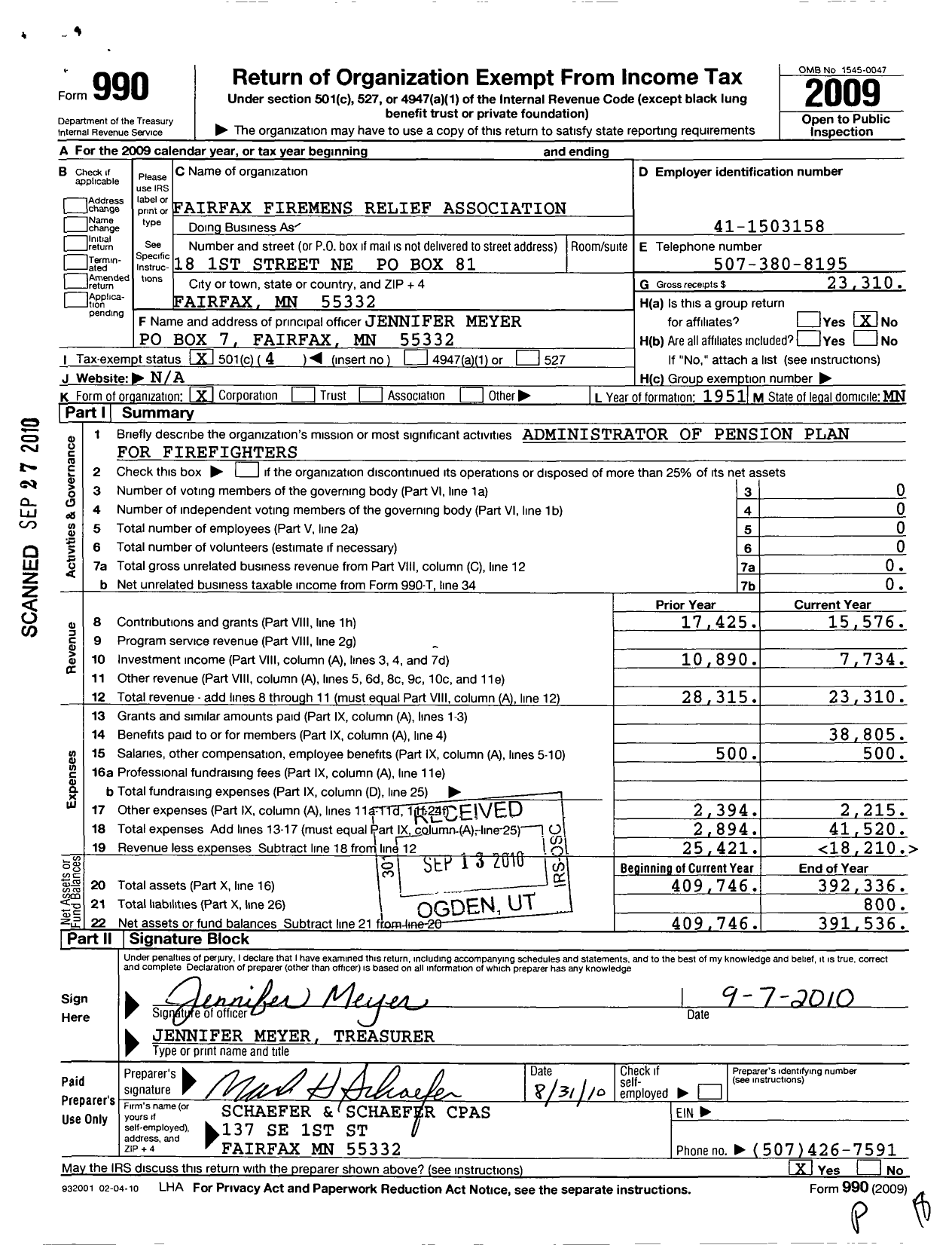 Image of first page of 2009 Form 990O for Fairfax Firemans Relief Association
