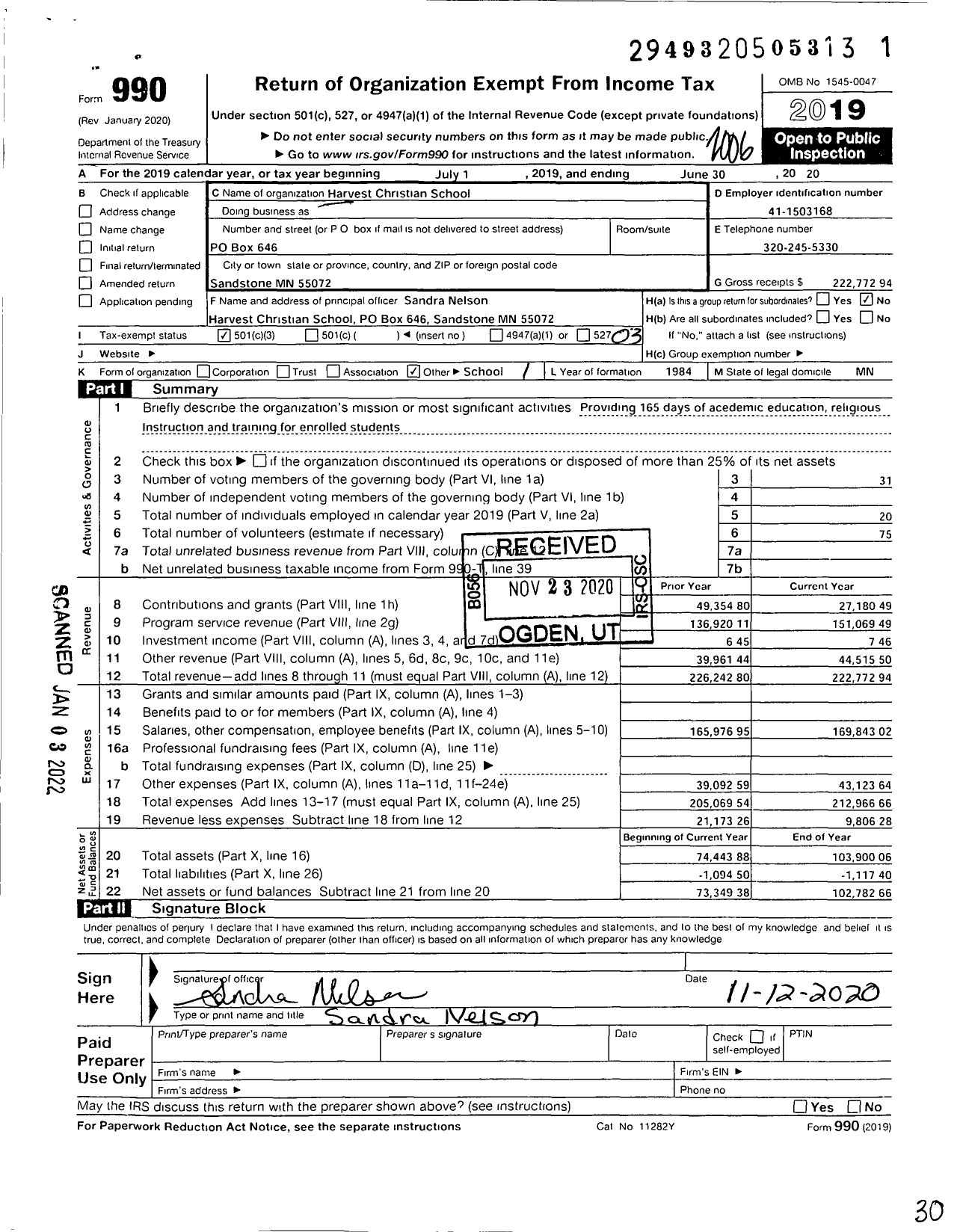 Image of first page of 2019 Form 990 for Harvest Christian School