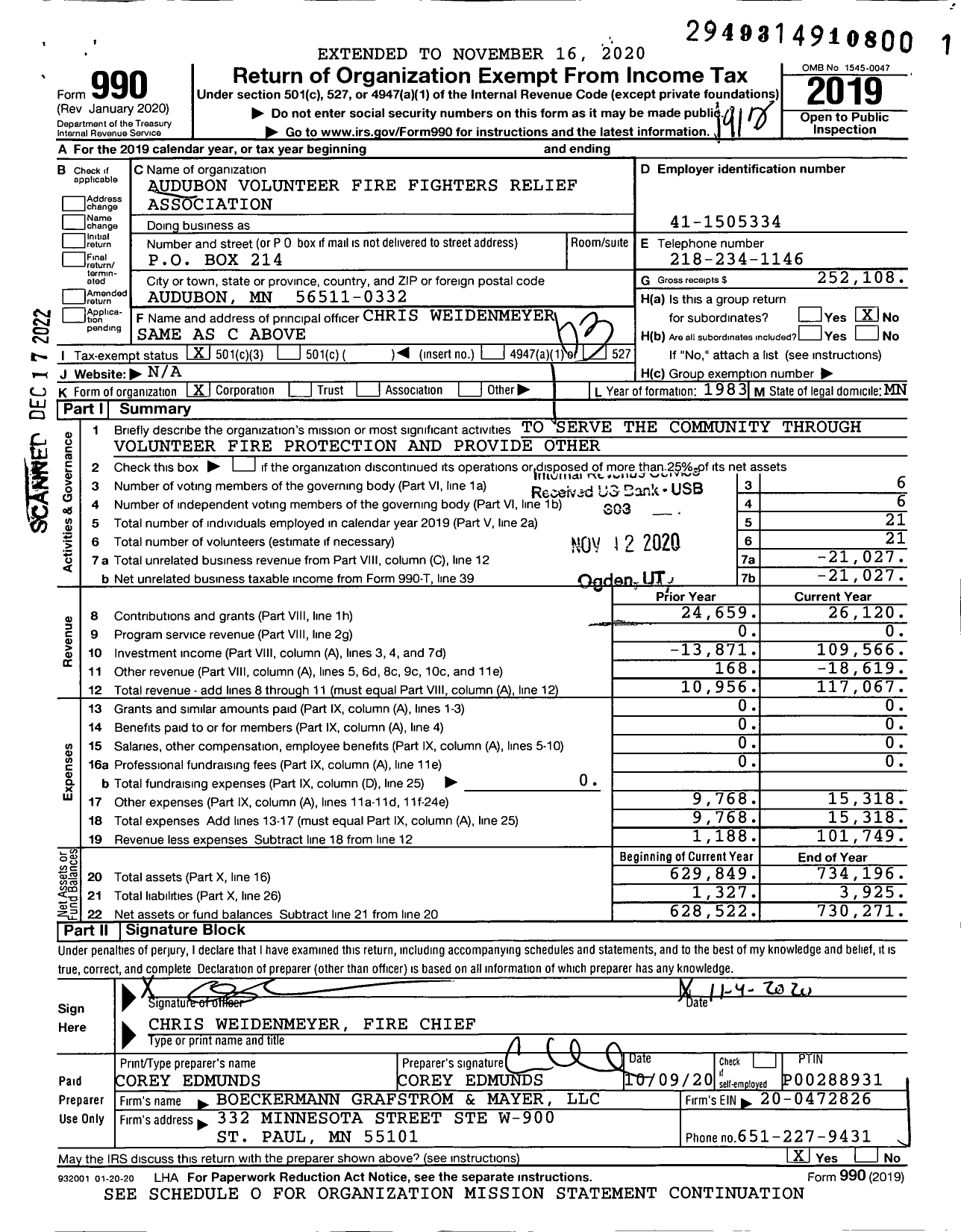 Image of first page of 2019 Form 990 for Audubon Volunteer Fire Fighters Relief Association