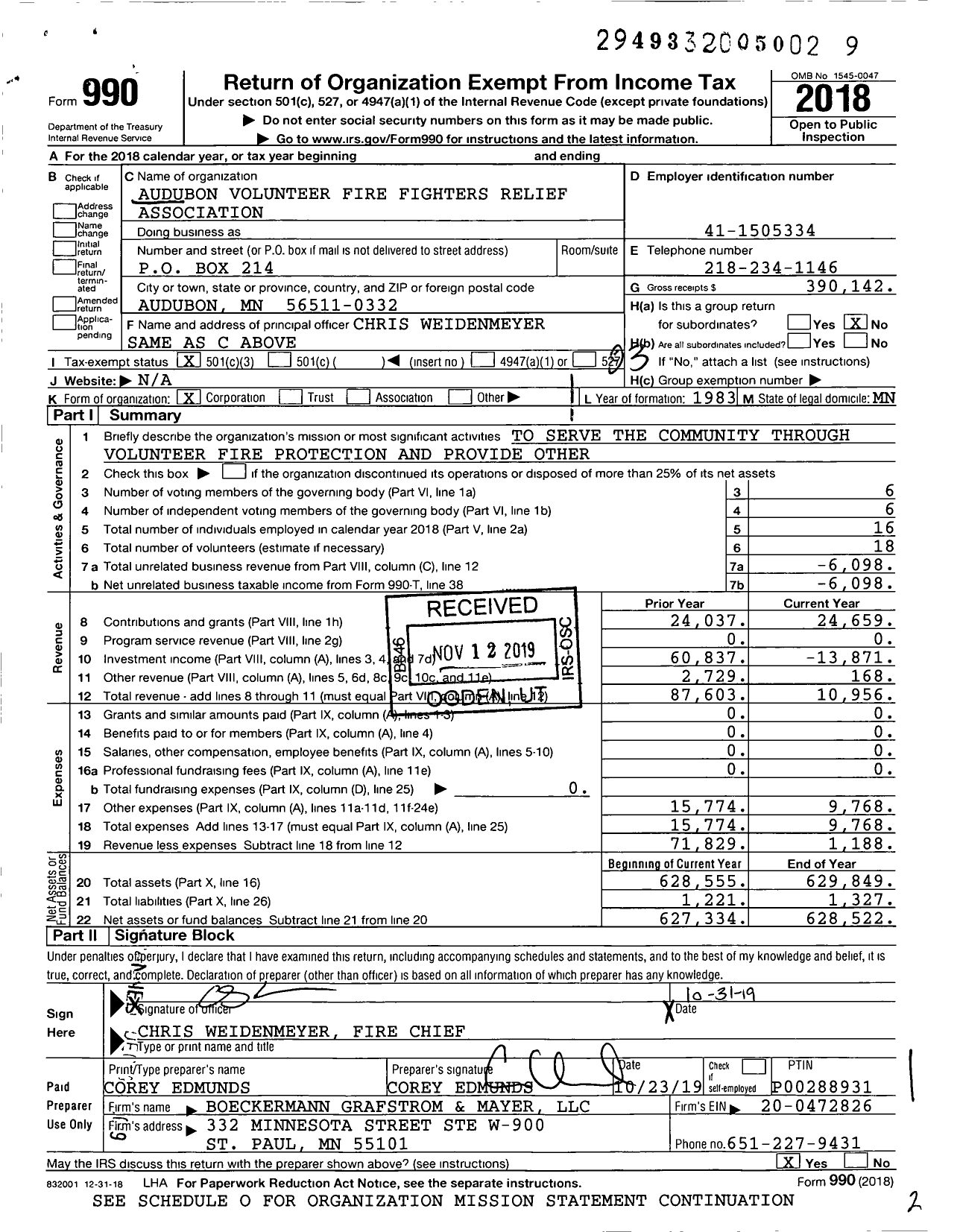 Image of first page of 2018 Form 990 for Audubon Volunteer Fire Fighters Relief Association