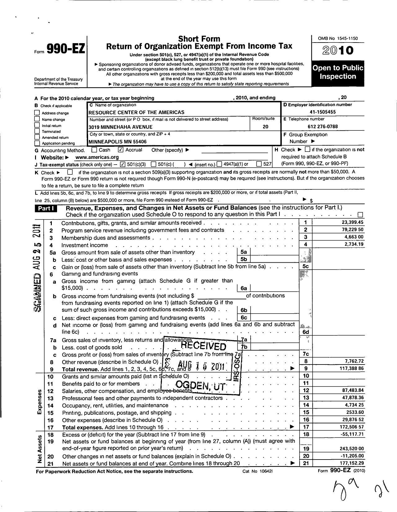 Image of first page of 2010 Form 990EZ for Resource Center of the Americas