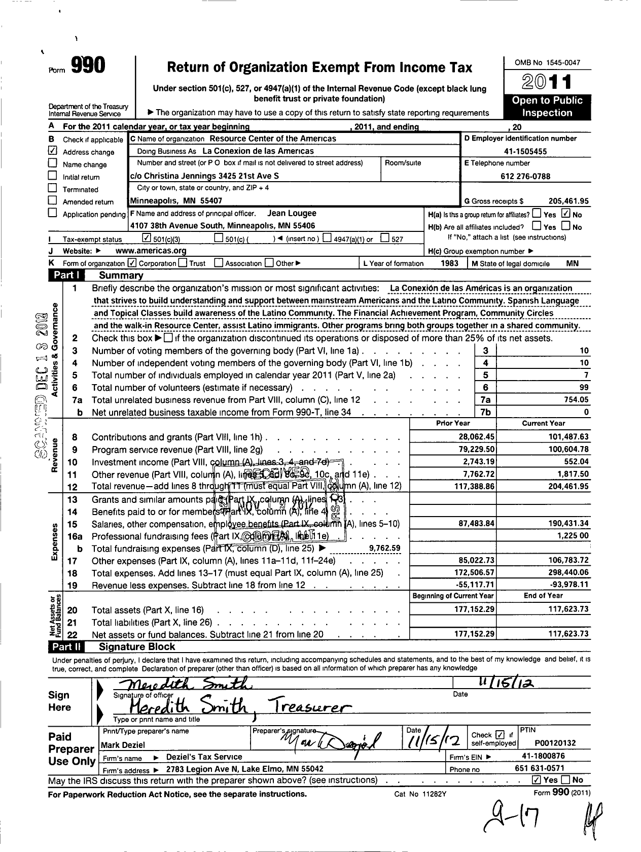 Image of first page of 2011 Form 990 for Resource Center of the Americas