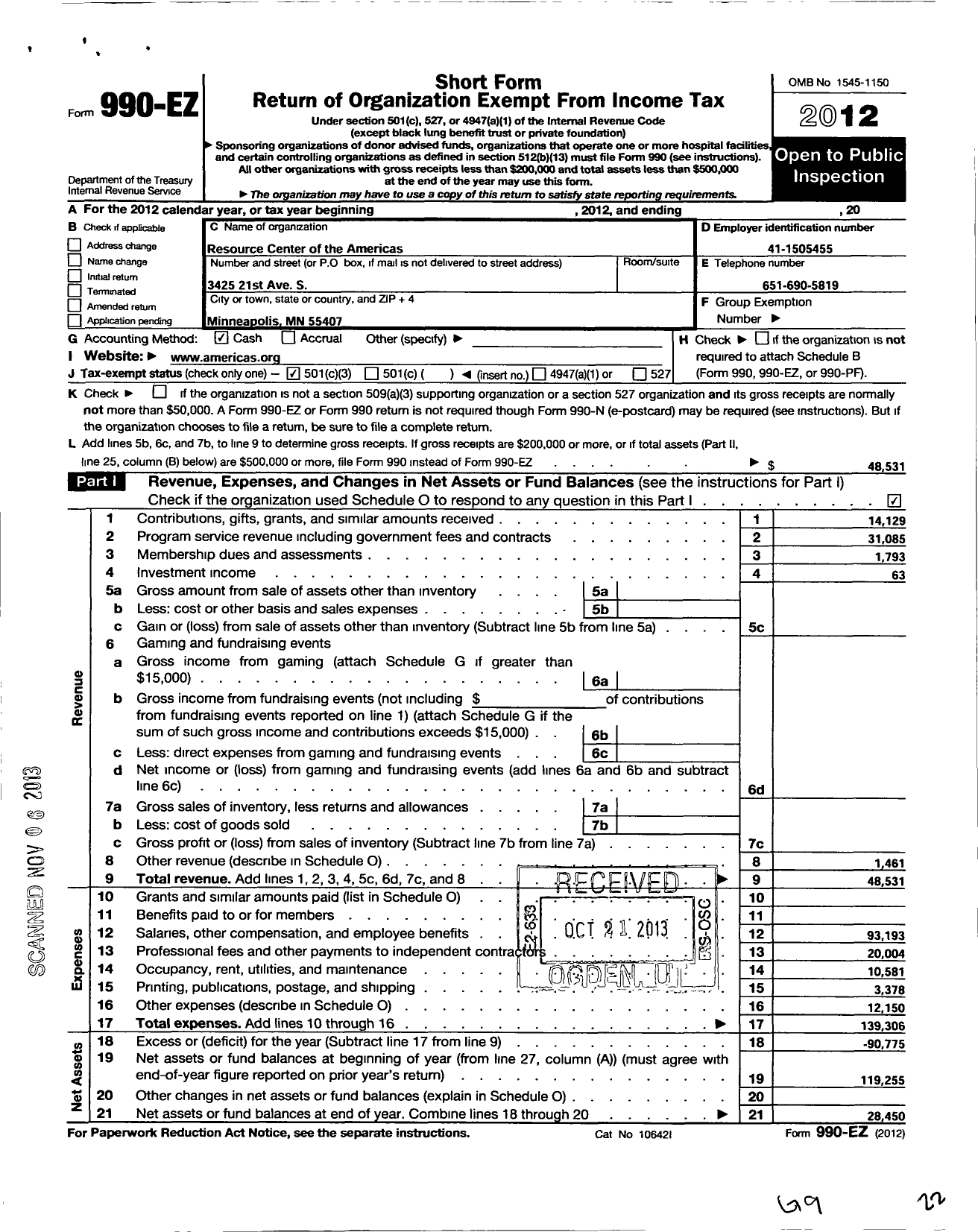 Image of first page of 2012 Form 990EZ for Resource Center of the Americas