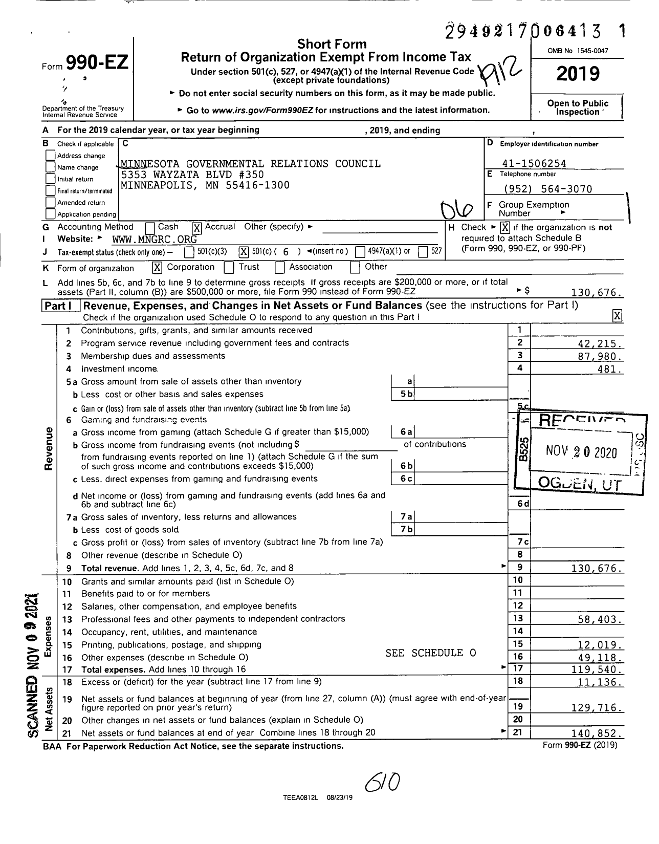 Image of first page of 2019 Form 990EO for Minnesota Governmental Relations Council