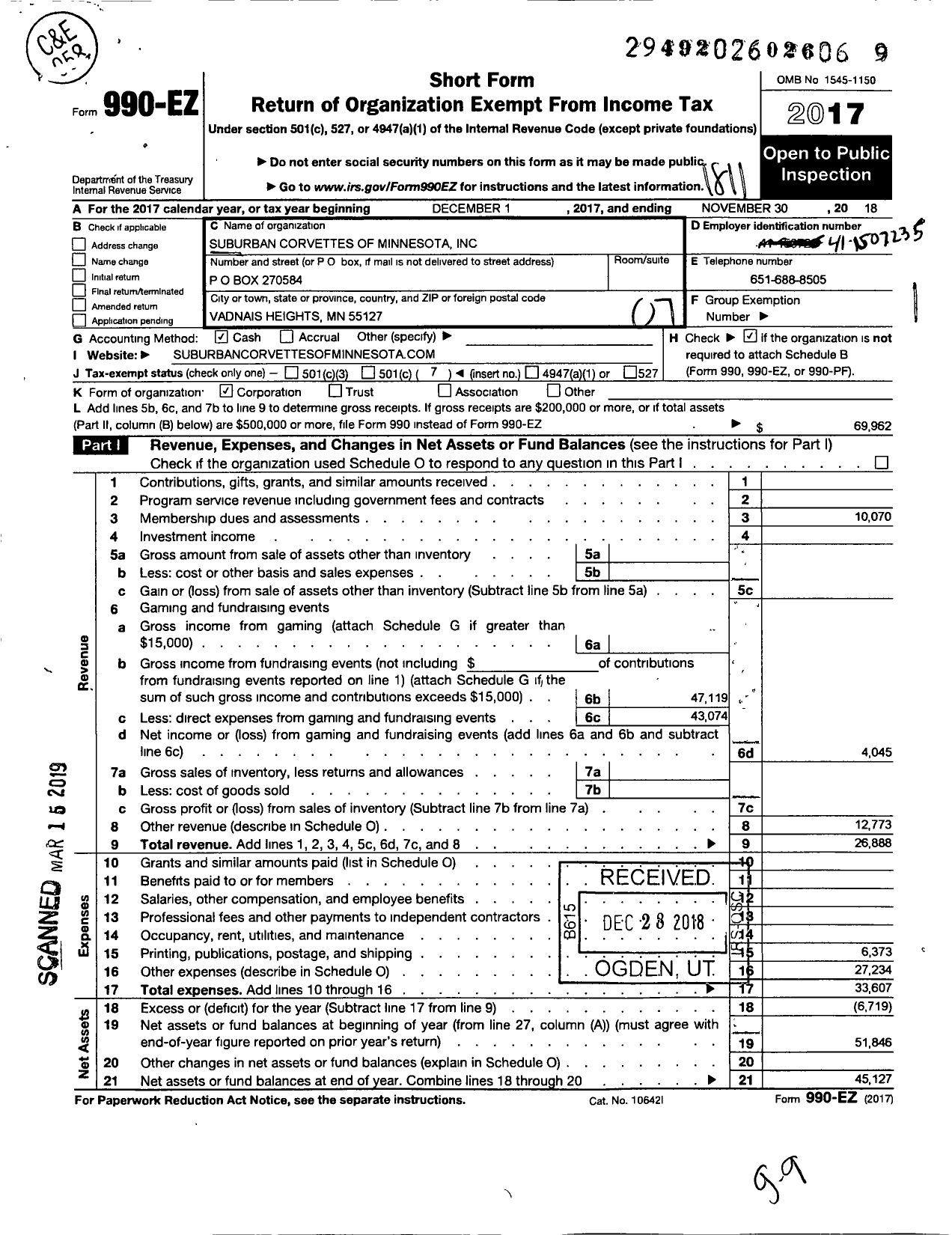 Image of first page of 2017 Form 990EO for Suburban Corvettes of Minnesota