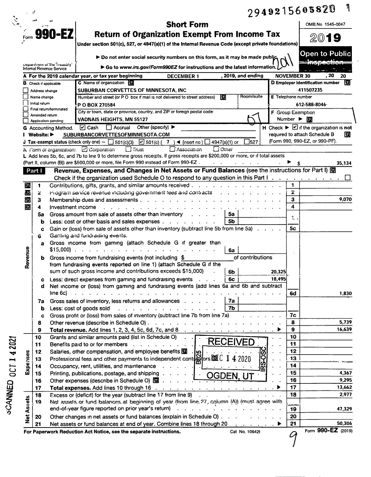 Image of first page of 2019 Form 990EO for Suburban Corvettes of Minnesota