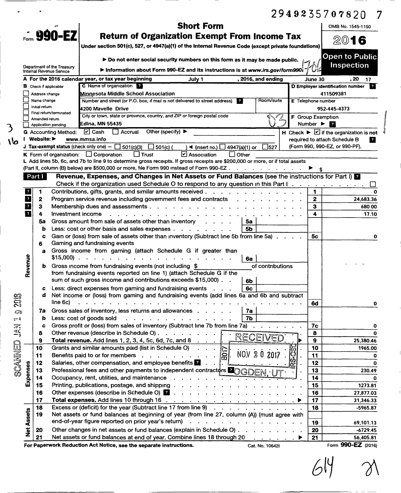 Image of first page of 2016 Form 990EZ for Minnesota Middle School Association