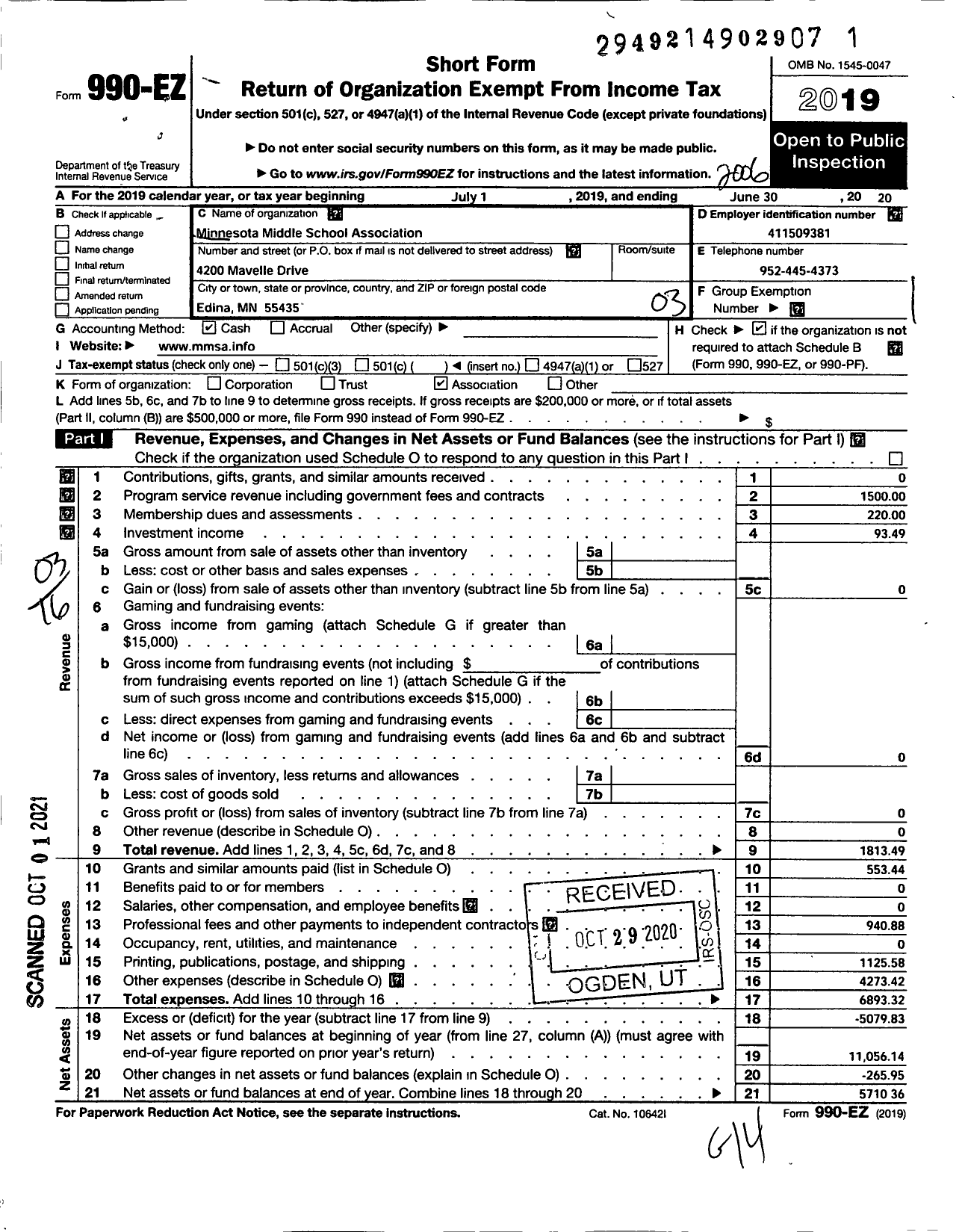 Image of first page of 2019 Form 990EZ for Minnesota Middle School Association