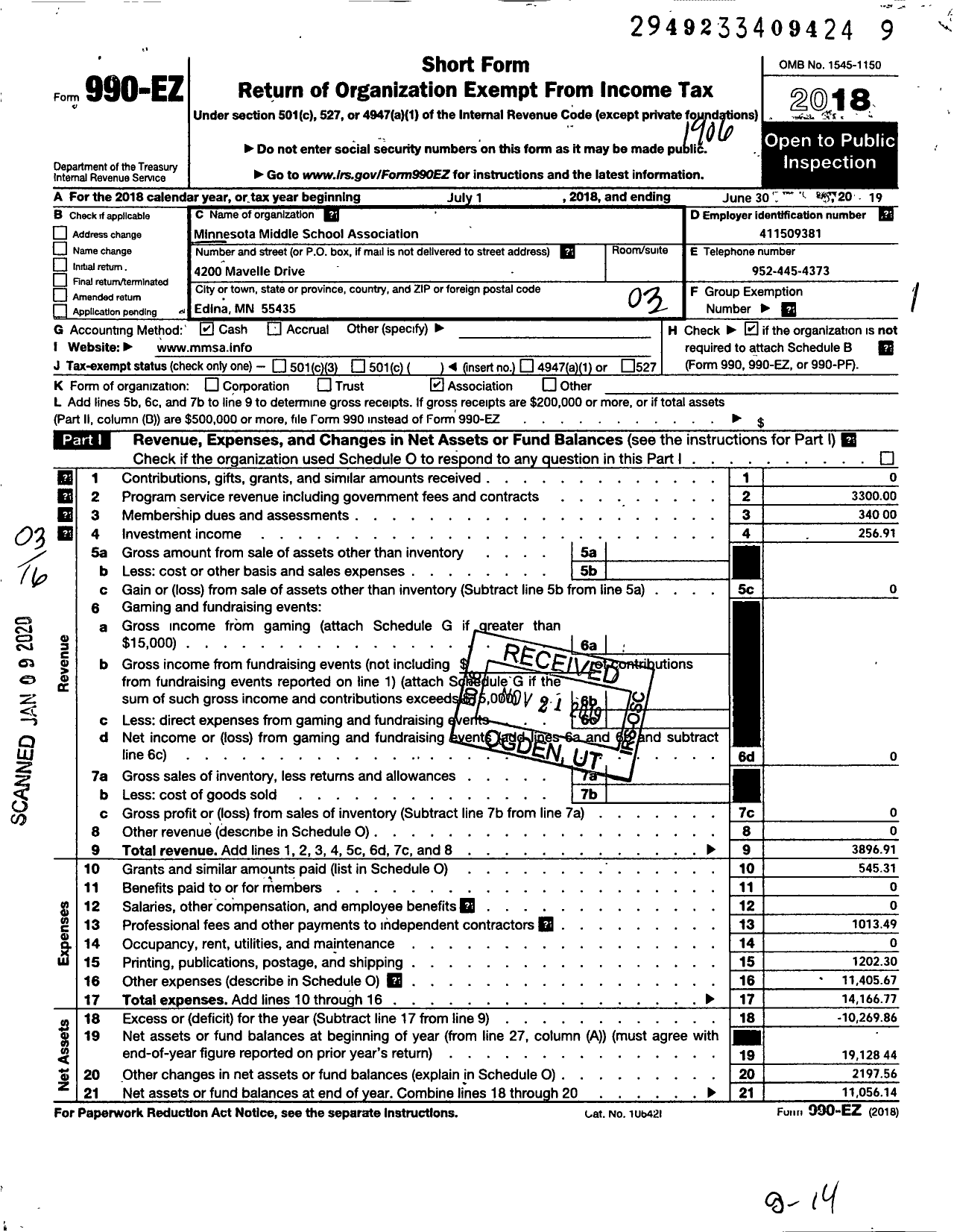 Image of first page of 2018 Form 990EZ for Minnesota Middle School Association