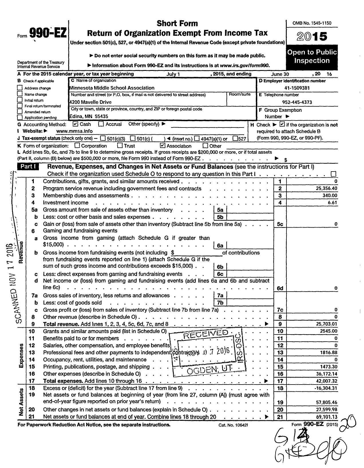 Image of first page of 2015 Form 990EO for Minnesota Middle School Association