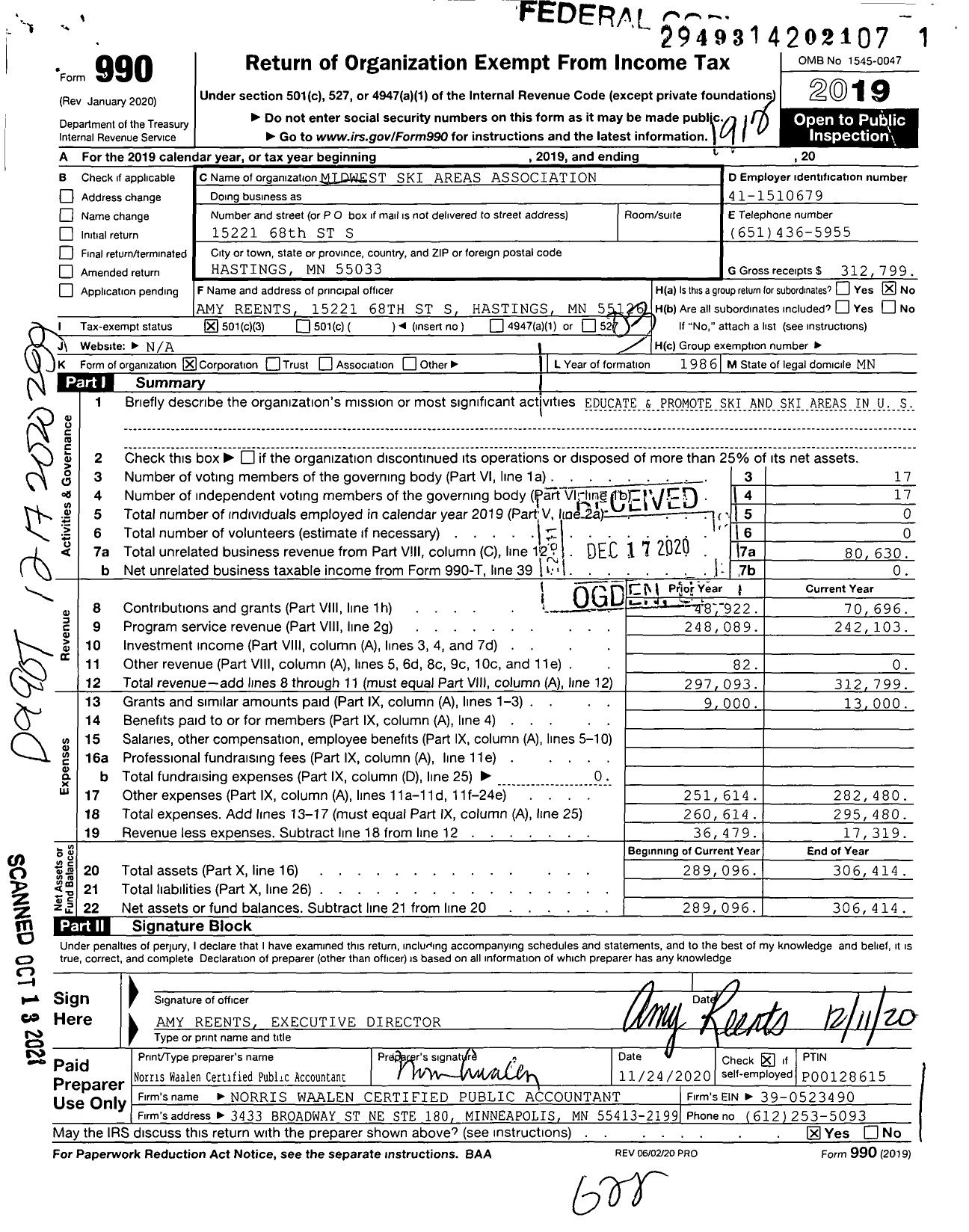 Image of first page of 2019 Form 990 for Midwest Ski Areas Association