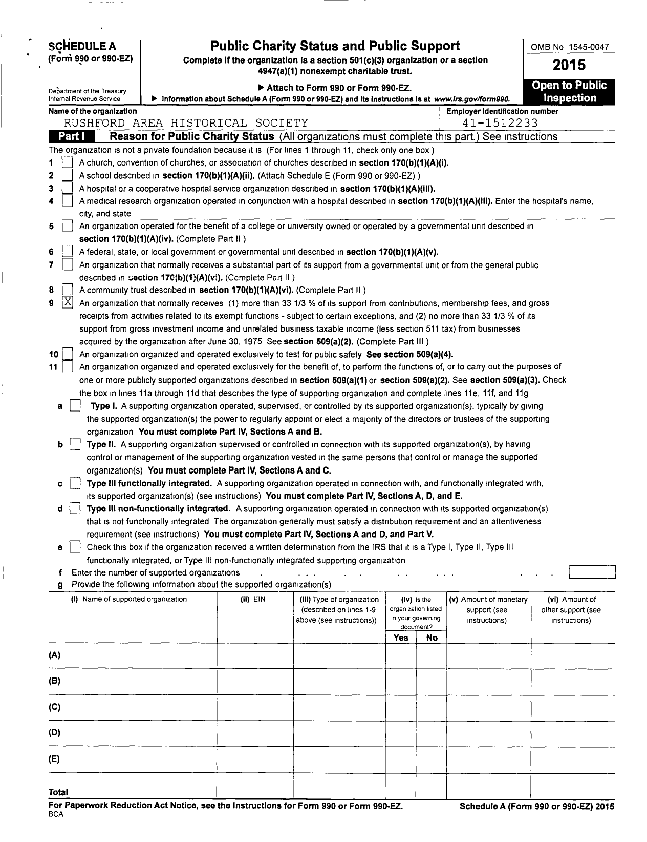 Image of first page of 2015 Form 990ER for Rushford Area Historical Society