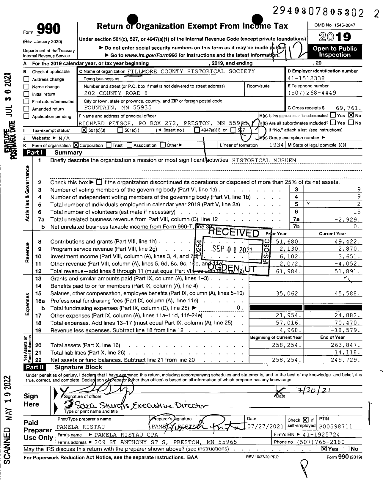 Image of first page of 2019 Form 990 for Fillmore County Historical Society