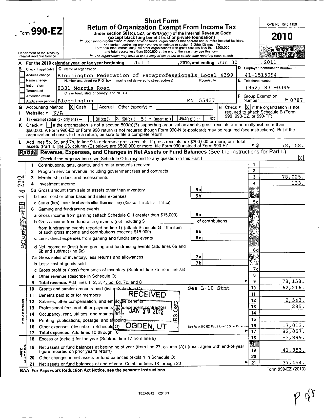 Image of first page of 2010 Form 990EO for American Federation of Teachers - 4399 Bloomington Federation of Para