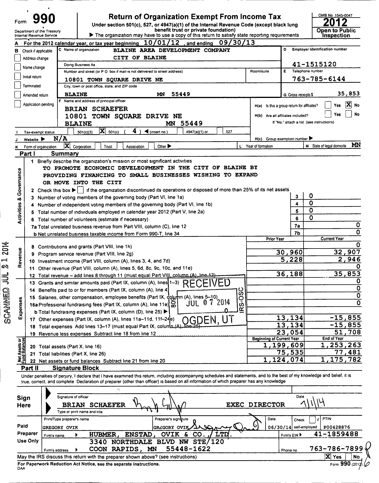 Image of first page of 2012 Form 990O for Blaine Area Development Company