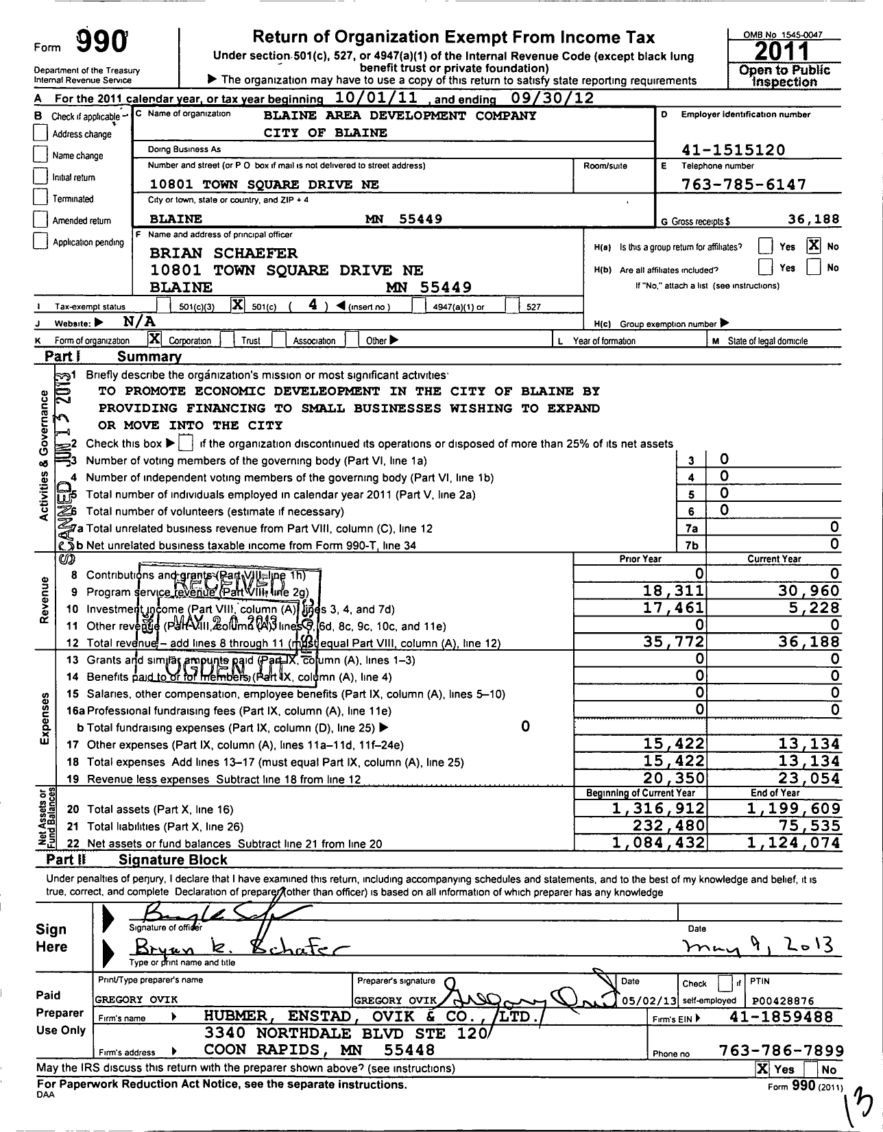 Image of first page of 2011 Form 990O for Blaine Area Development Company