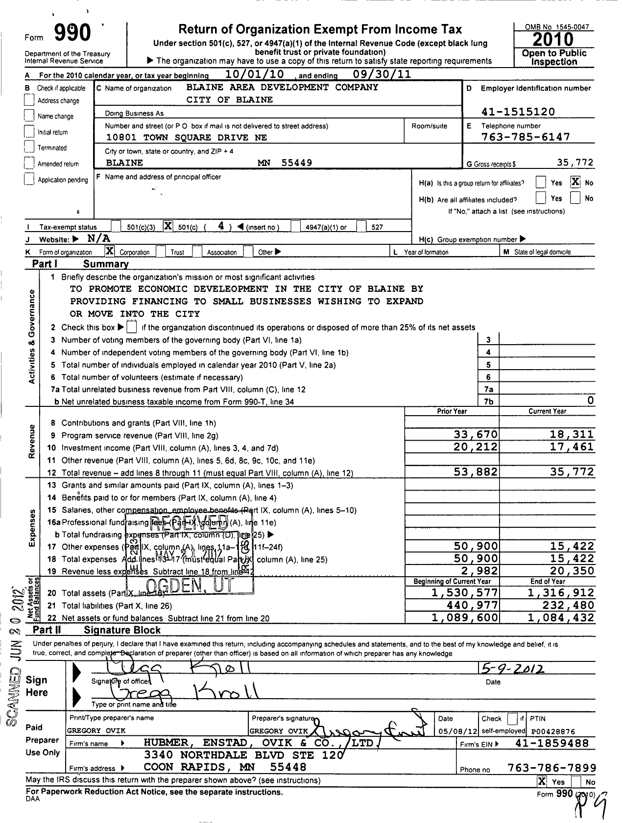 Image of first page of 2010 Form 990O for Blaine Area Development Company