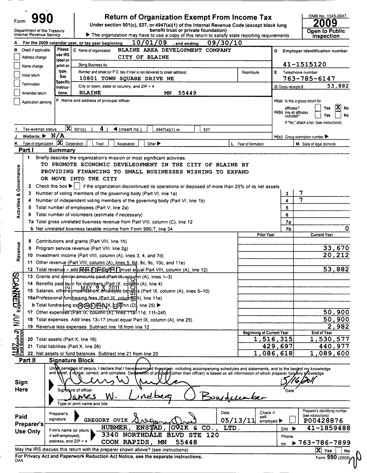 Image of first page of 2009 Form 990O for Blaine Area Development Company