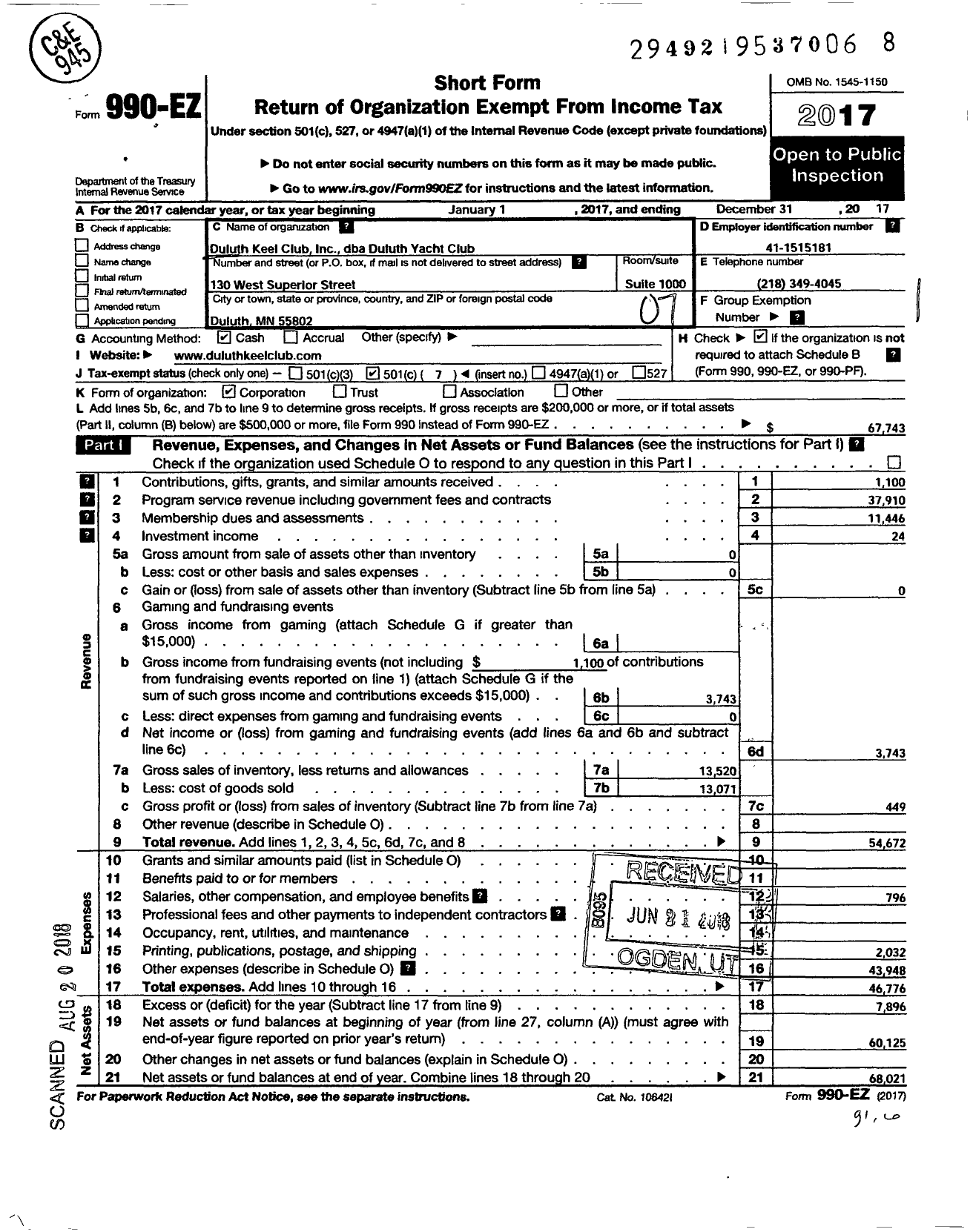 Image of first page of 2017 Form 990EO for Duluth Keel Club