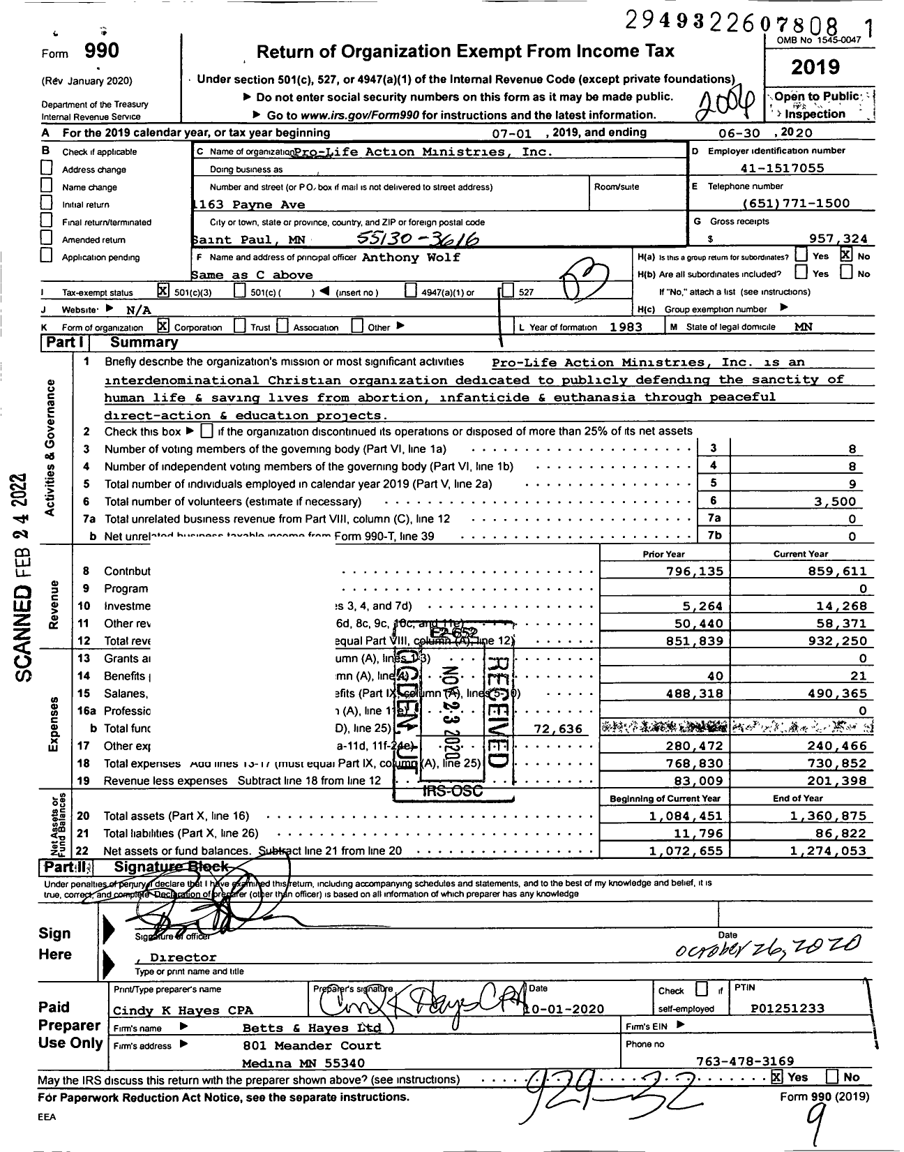 Image of first page of 2019 Form 990 for Pro-Life Action Ministries