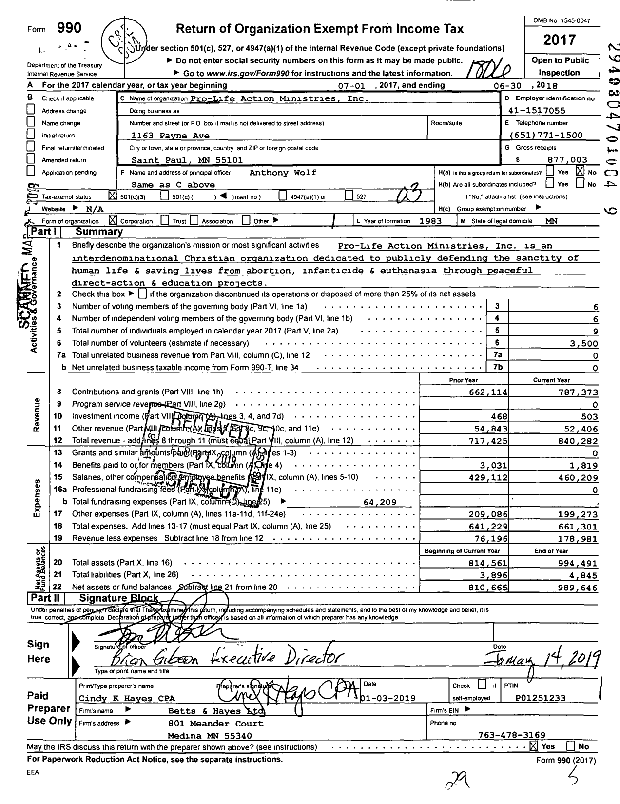 Image of first page of 2017 Form 990 for Pro-Life Action Ministries
