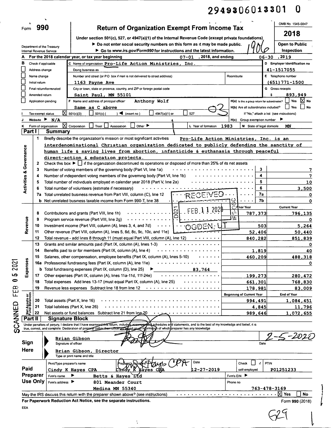 Image of first page of 2018 Form 990 for Pro-Life Action Ministries